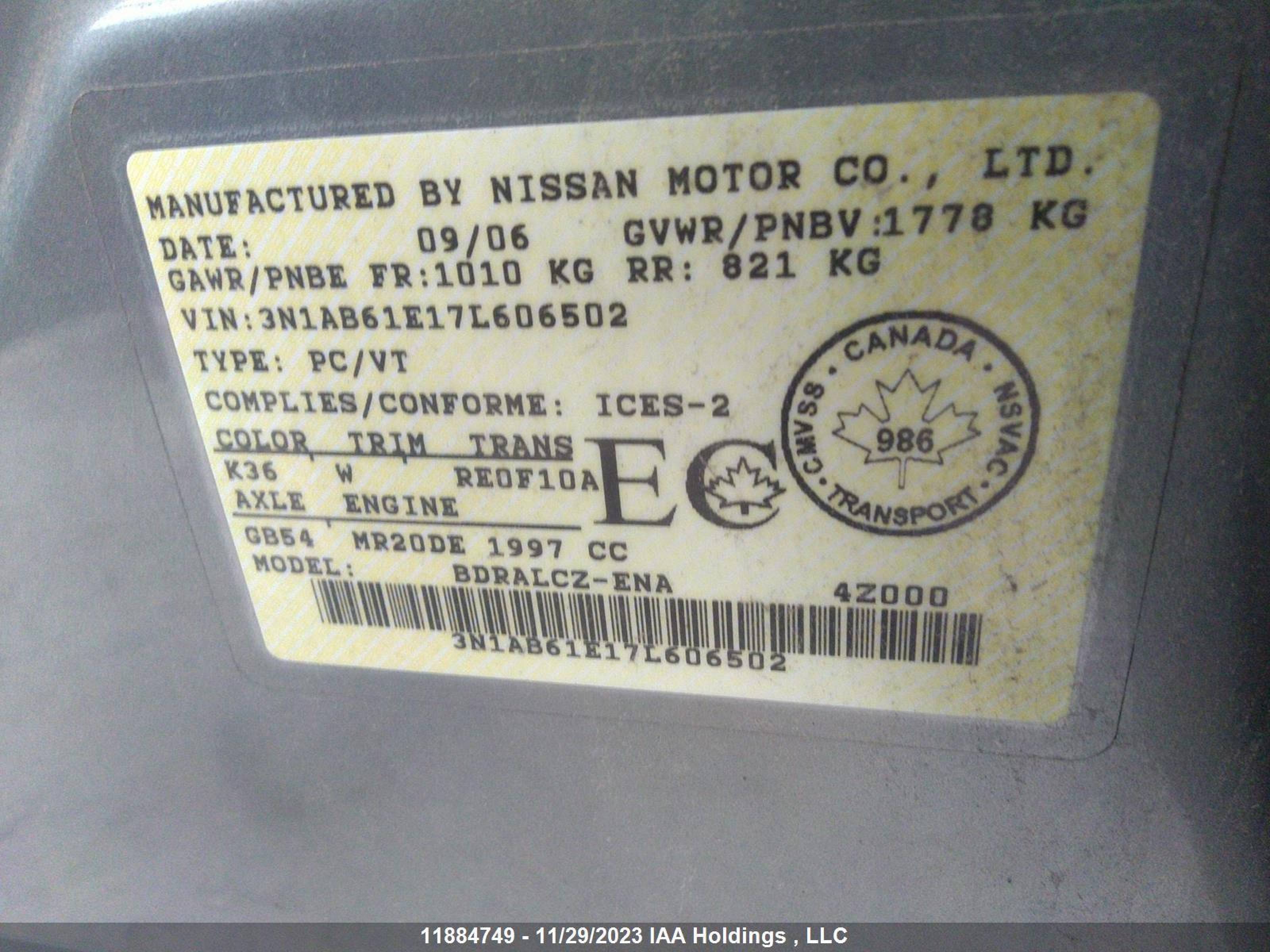 Photo 8 VIN: 3N1AB61E17L606502 - NISSAN SENTRA 