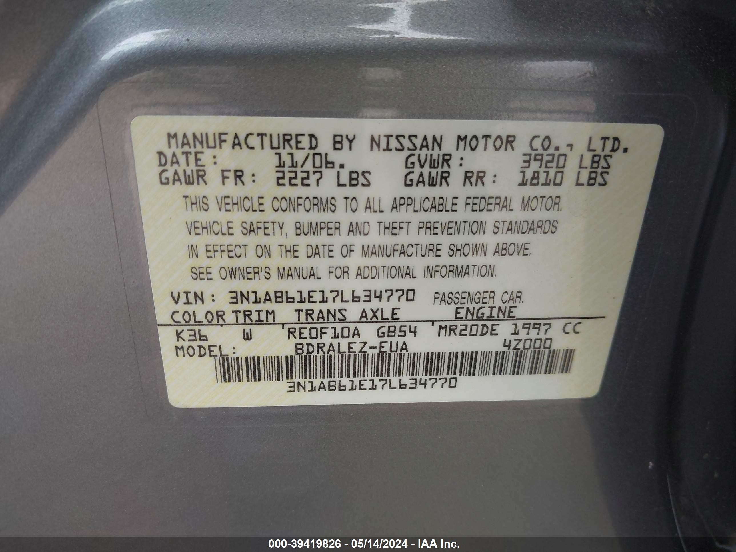 Photo 8 VIN: 3N1AB61E17L634770 - NISSAN SENTRA 