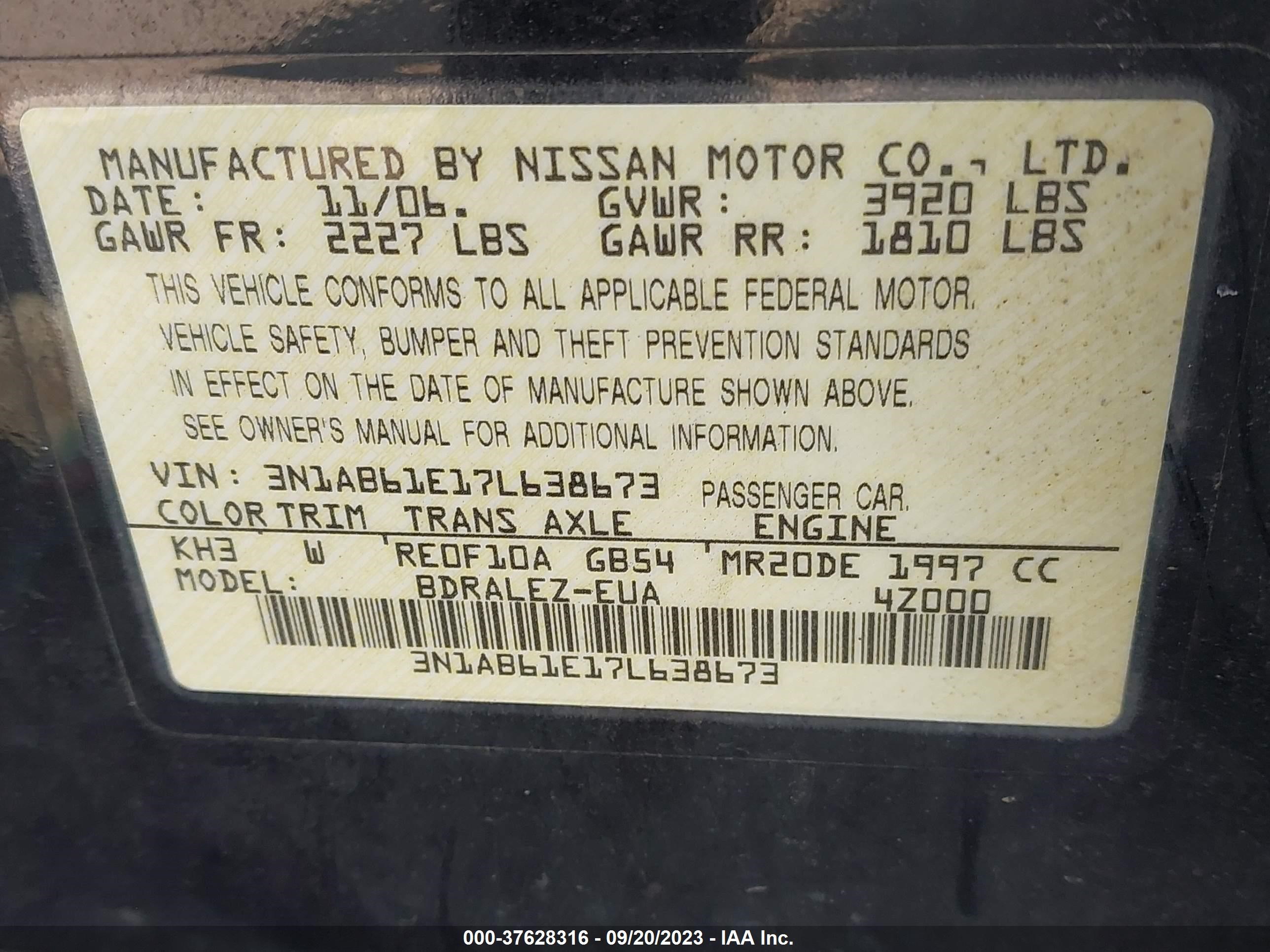 Photo 8 VIN: 3N1AB61E17L638673 - NISSAN SENTRA 