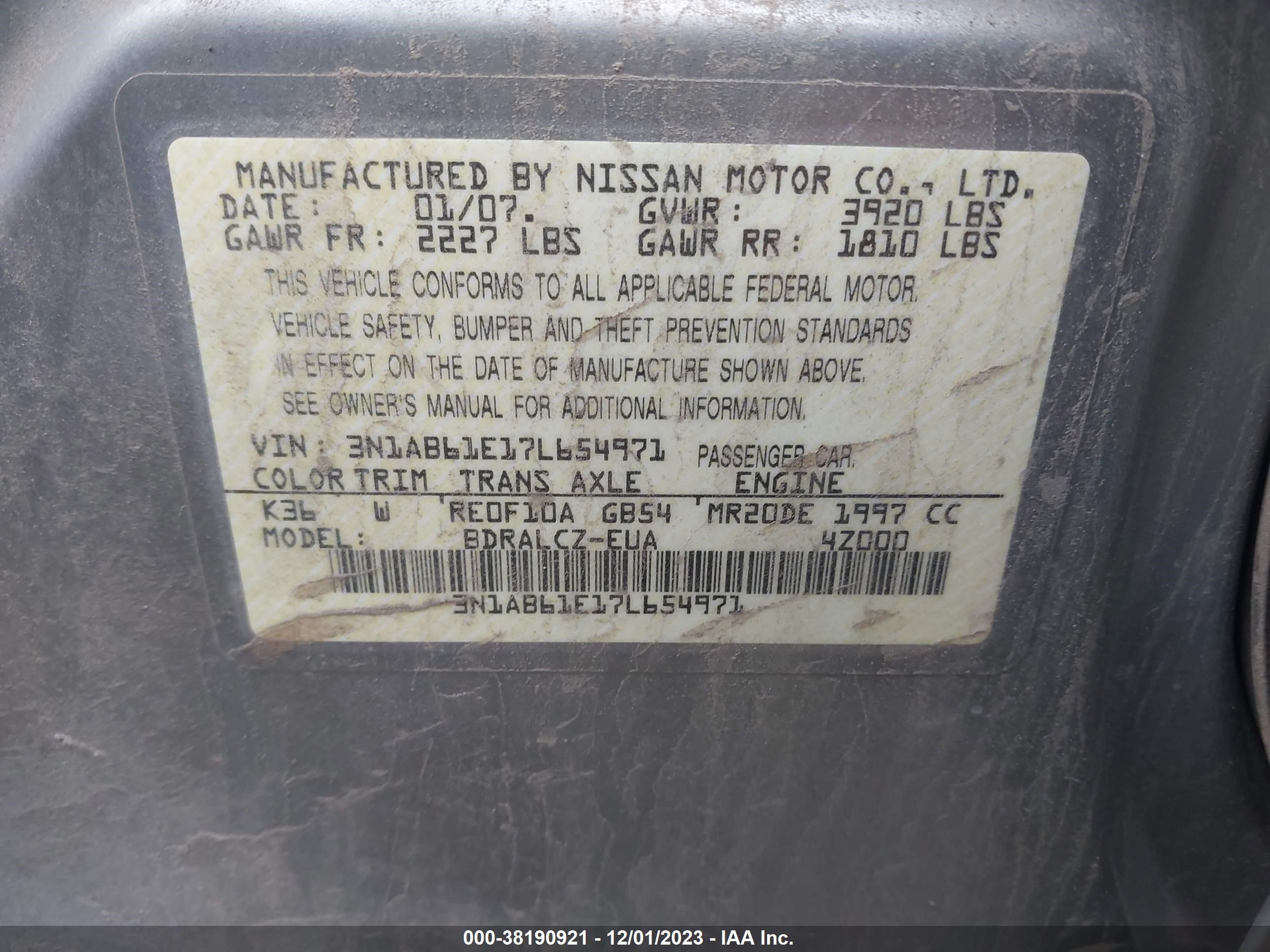 Photo 8 VIN: 3N1AB61E17L654971 - NISSAN SENTRA 