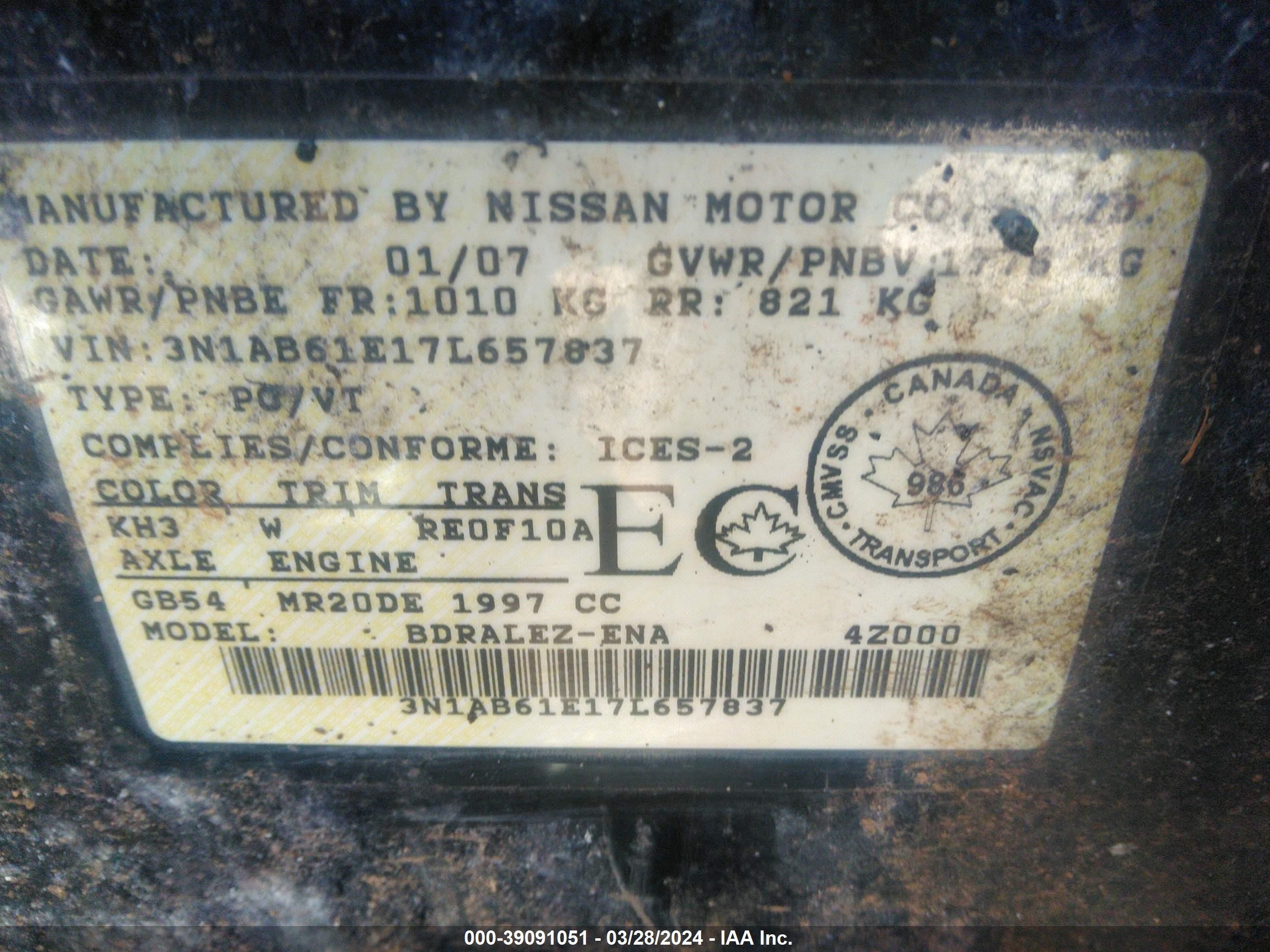 Photo 8 VIN: 3N1AB61E17L657837 - NISSAN SENTRA 