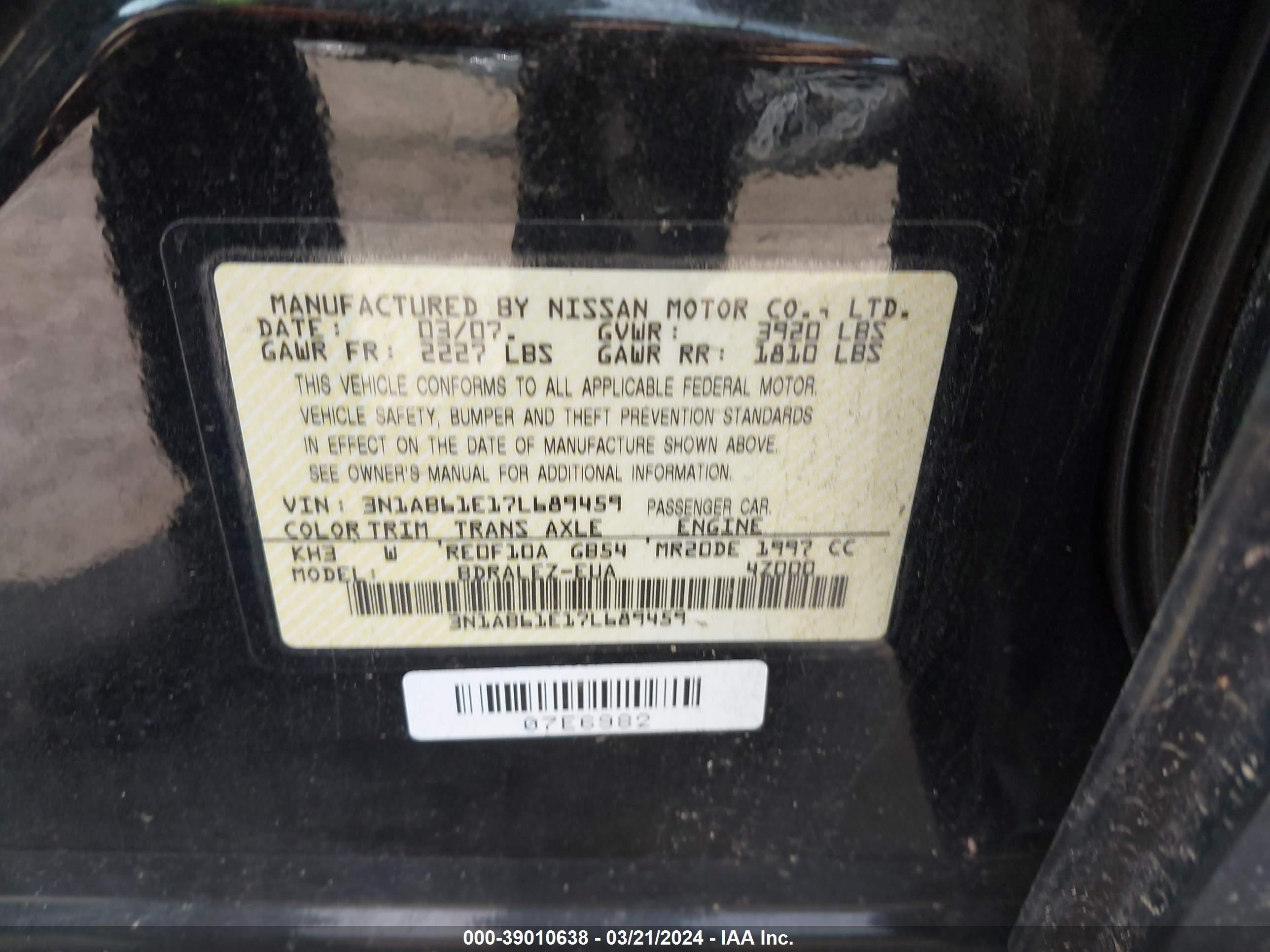 Photo 8 VIN: 3N1AB61E17L689459 - NISSAN SENTRA 