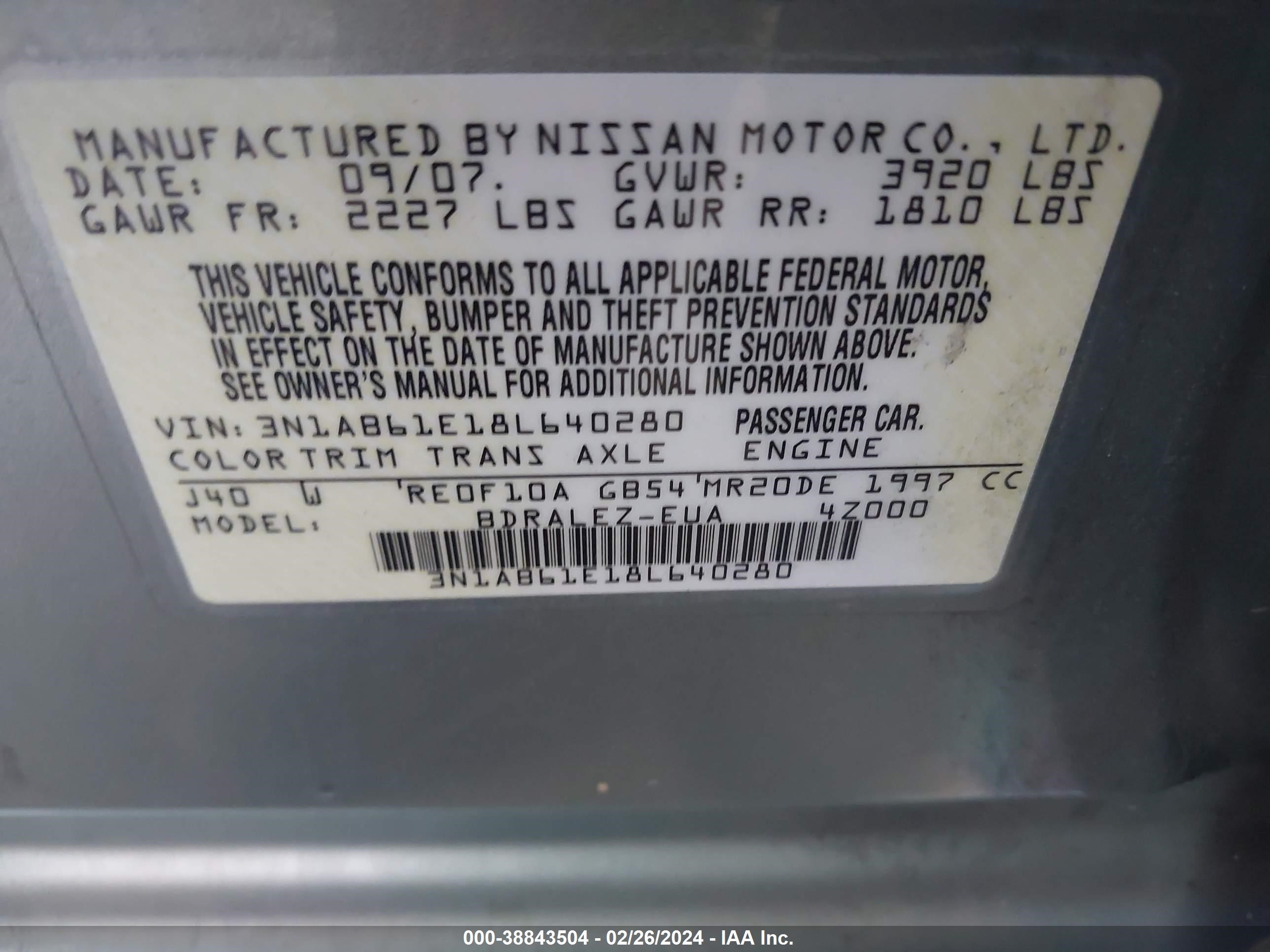 Photo 8 VIN: 3N1AB61E18L640280 - NISSAN SENTRA 