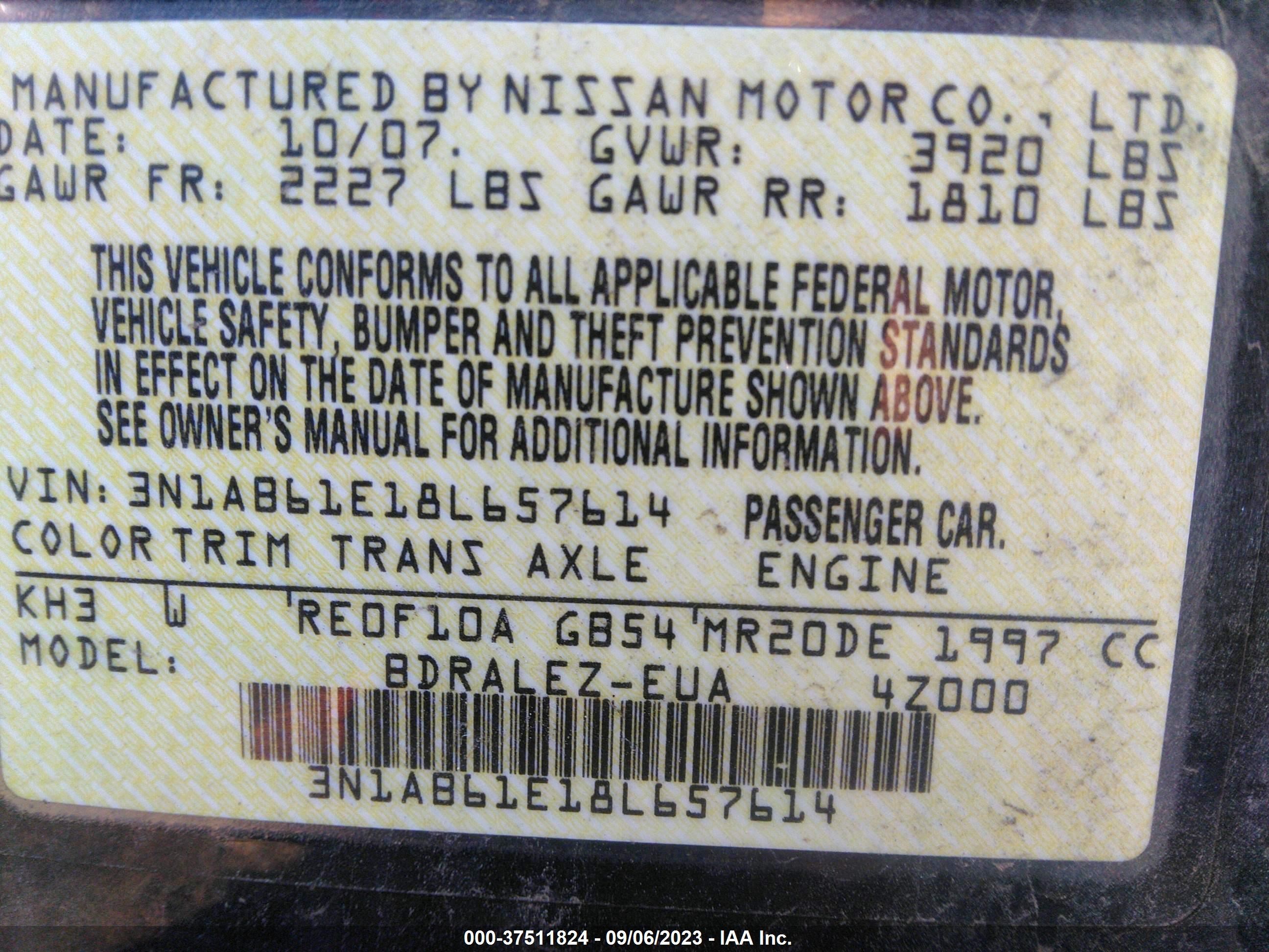 Photo 8 VIN: 3N1AB61E18L657614 - NISSAN SENTRA 