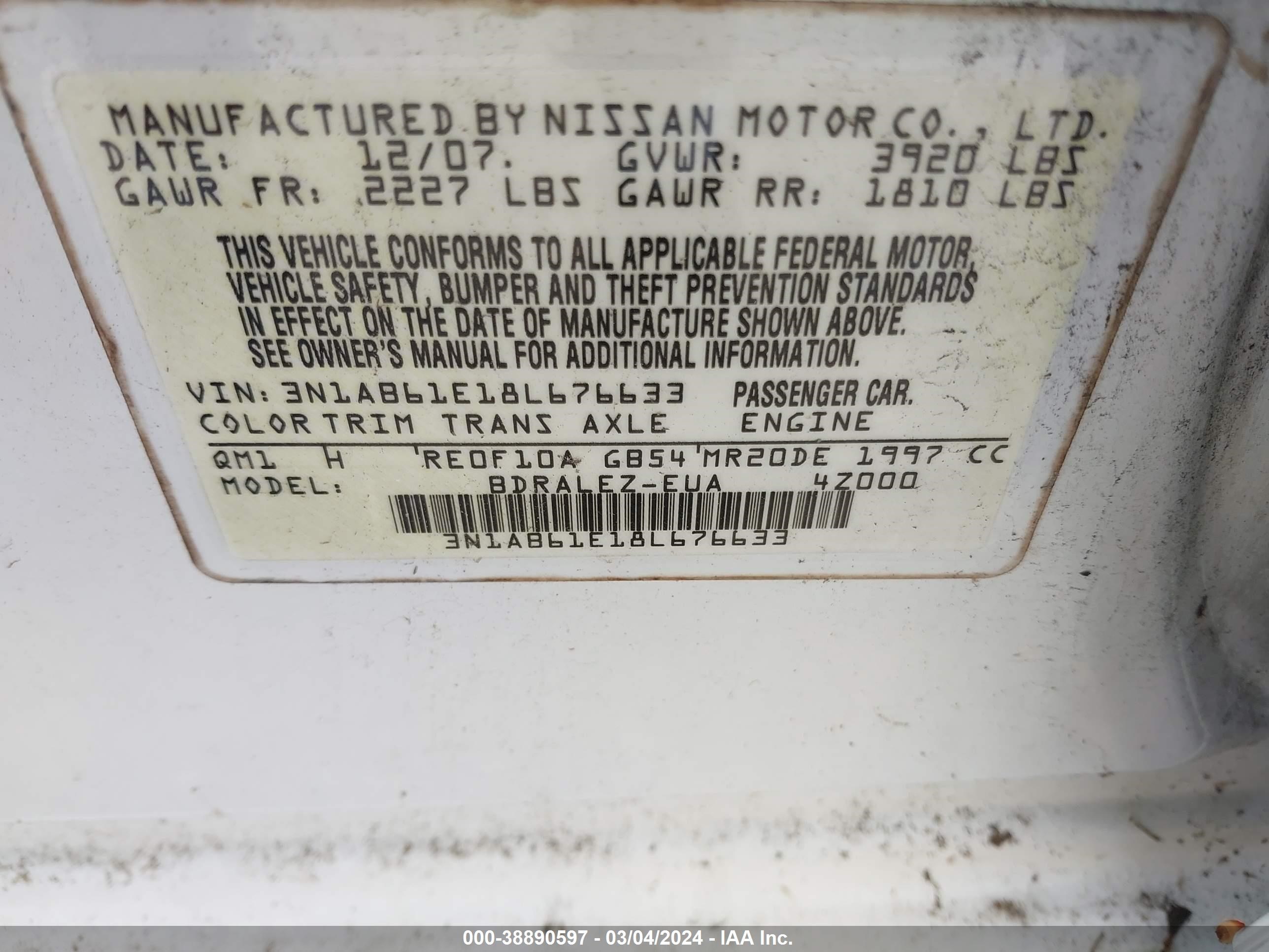 Photo 8 VIN: 3N1AB61E18L676633 - NISSAN SENTRA 