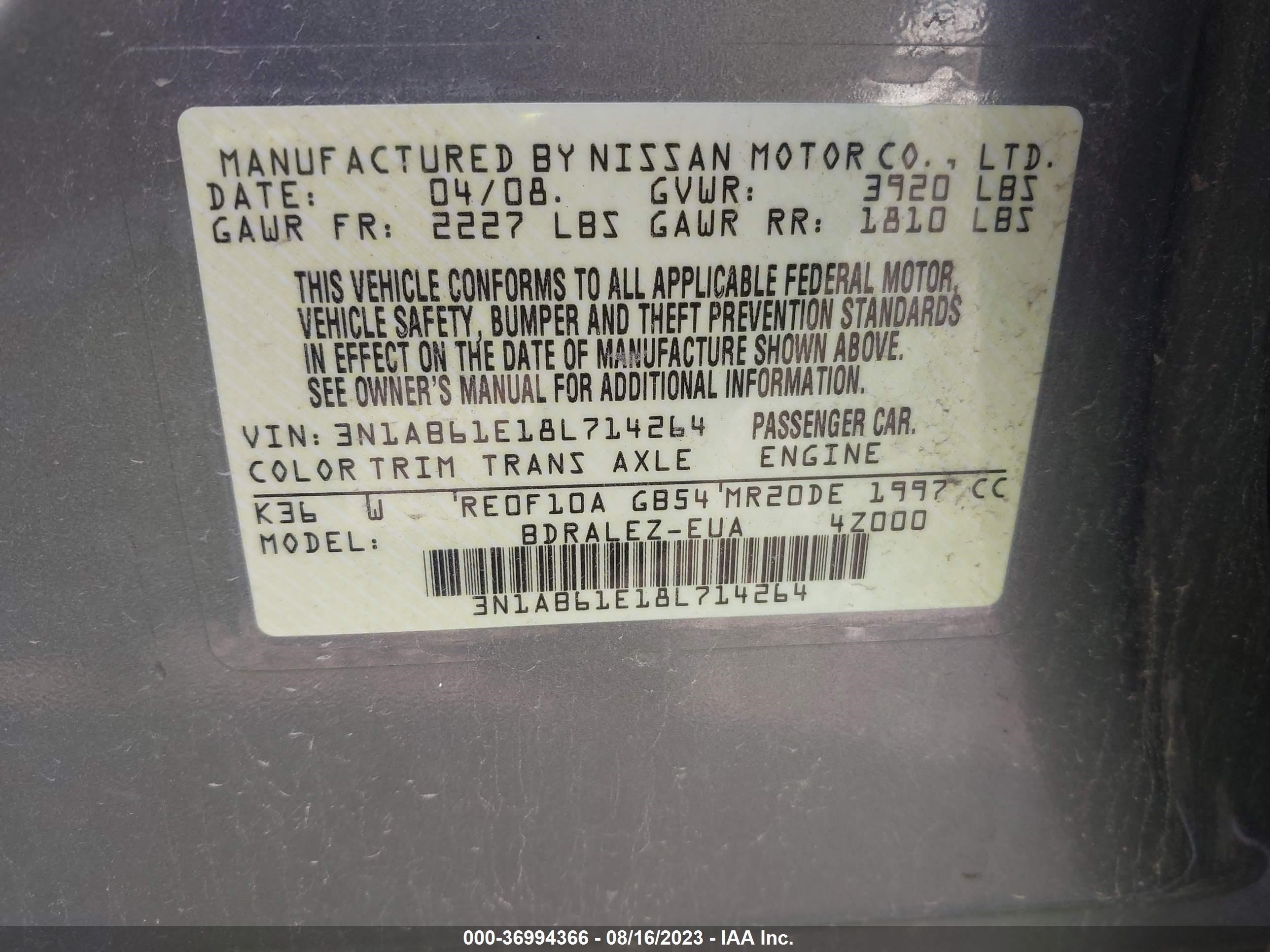 Photo 8 VIN: 3N1AB61E18L714264 - NISSAN SENTRA 