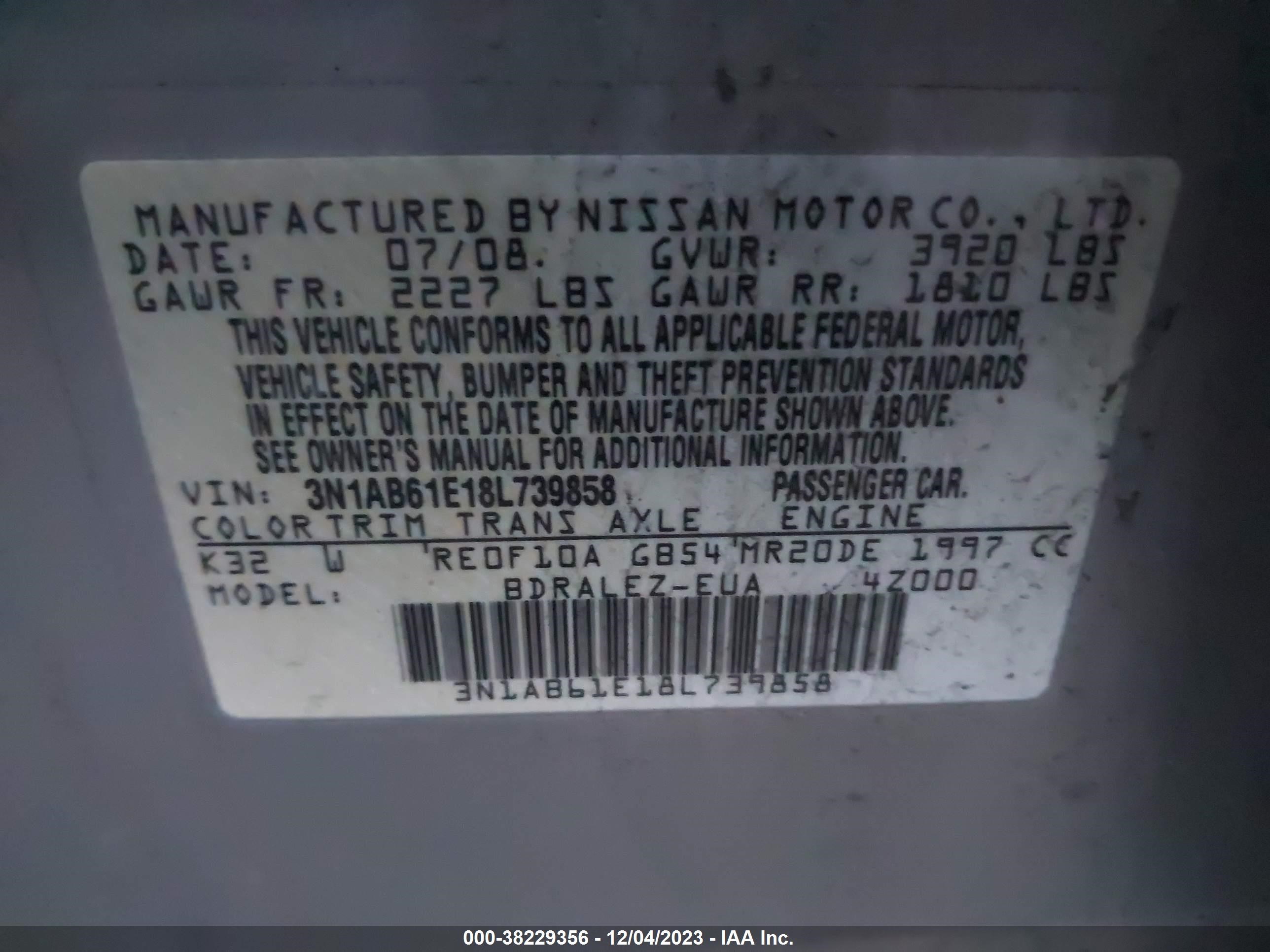 Photo 8 VIN: 3N1AB61E18L739858 - NISSAN SENTRA 