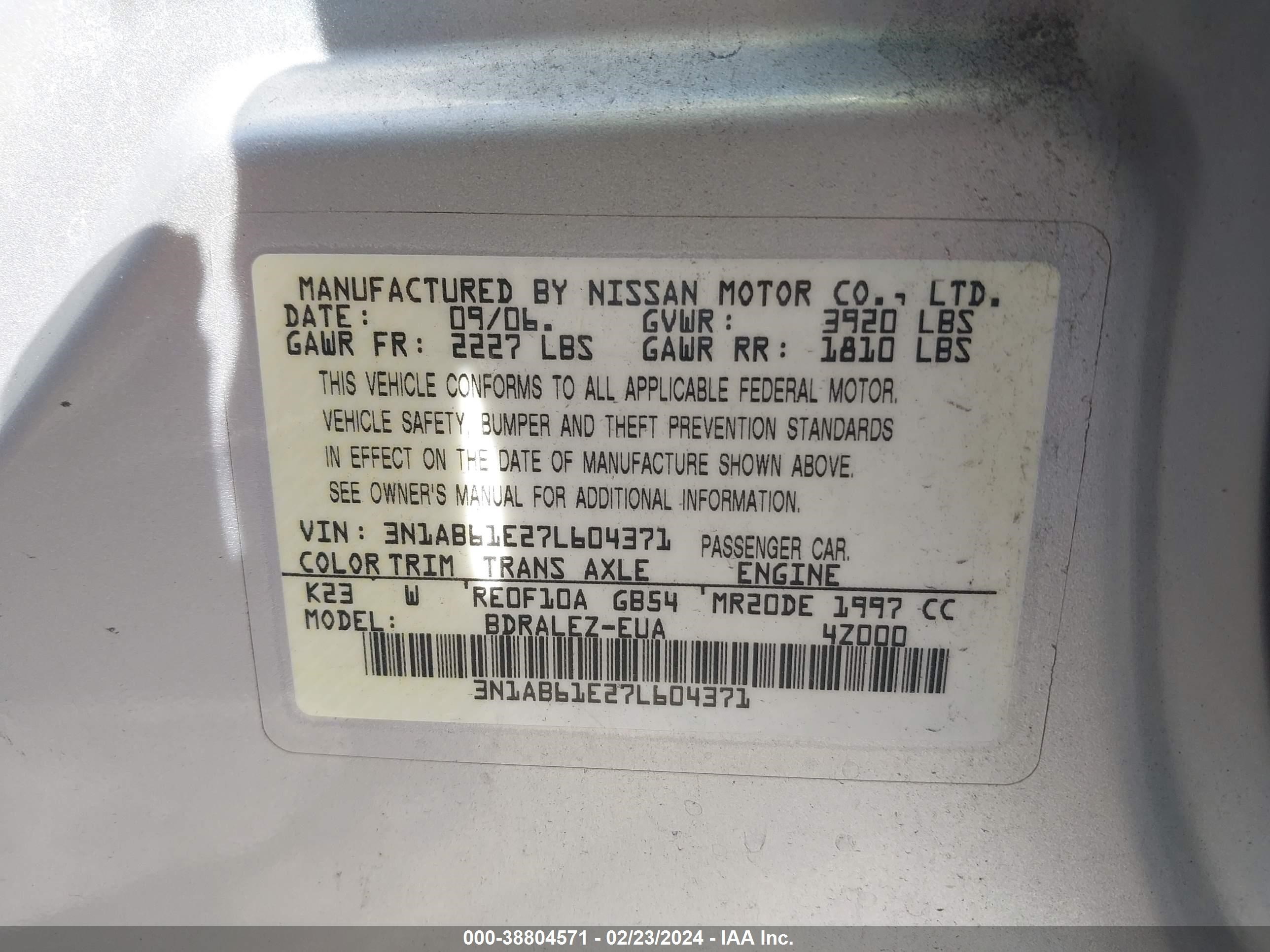 Photo 8 VIN: 3N1AB61E27L604371 - NISSAN SENTRA 