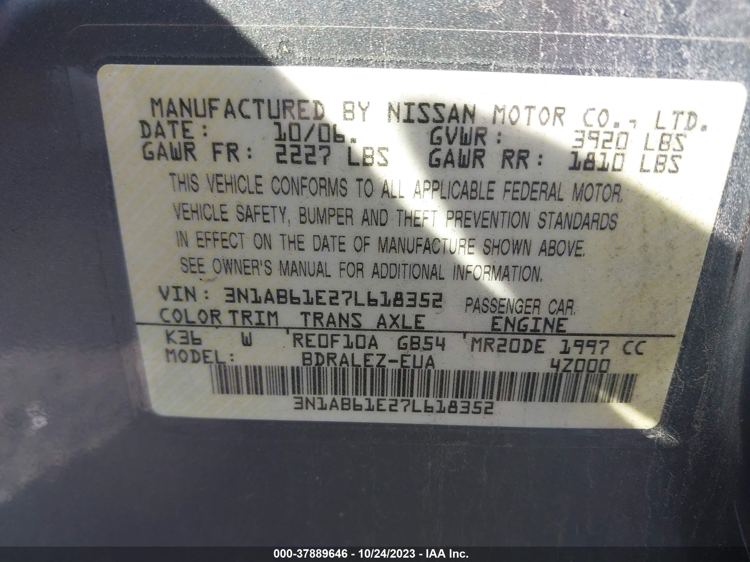 Photo 8 VIN: 3N1AB61E27L618352 - NISSAN SENTRA 