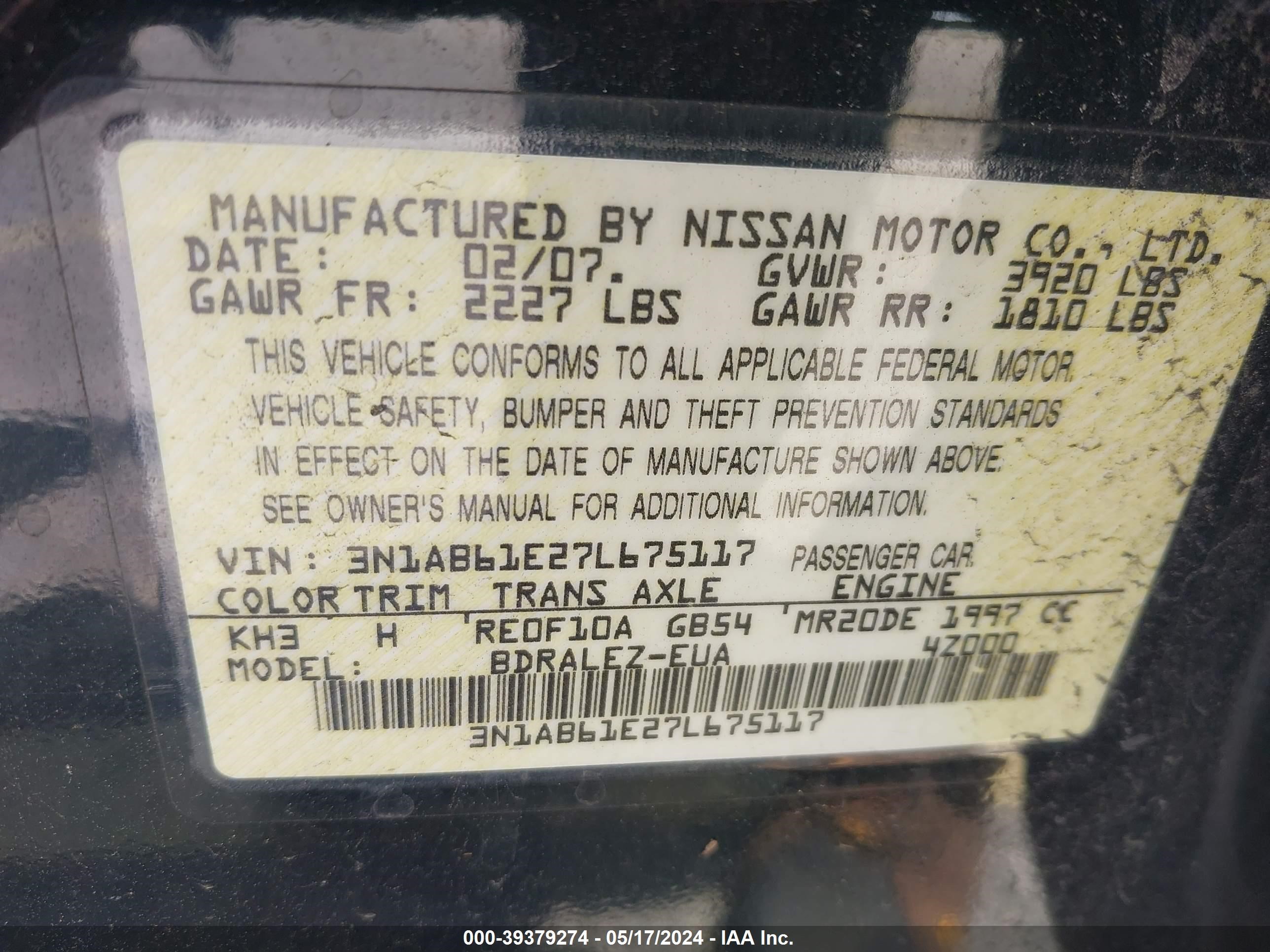 Photo 8 VIN: 3N1AB61E27L675117 - NISSAN SENTRA 