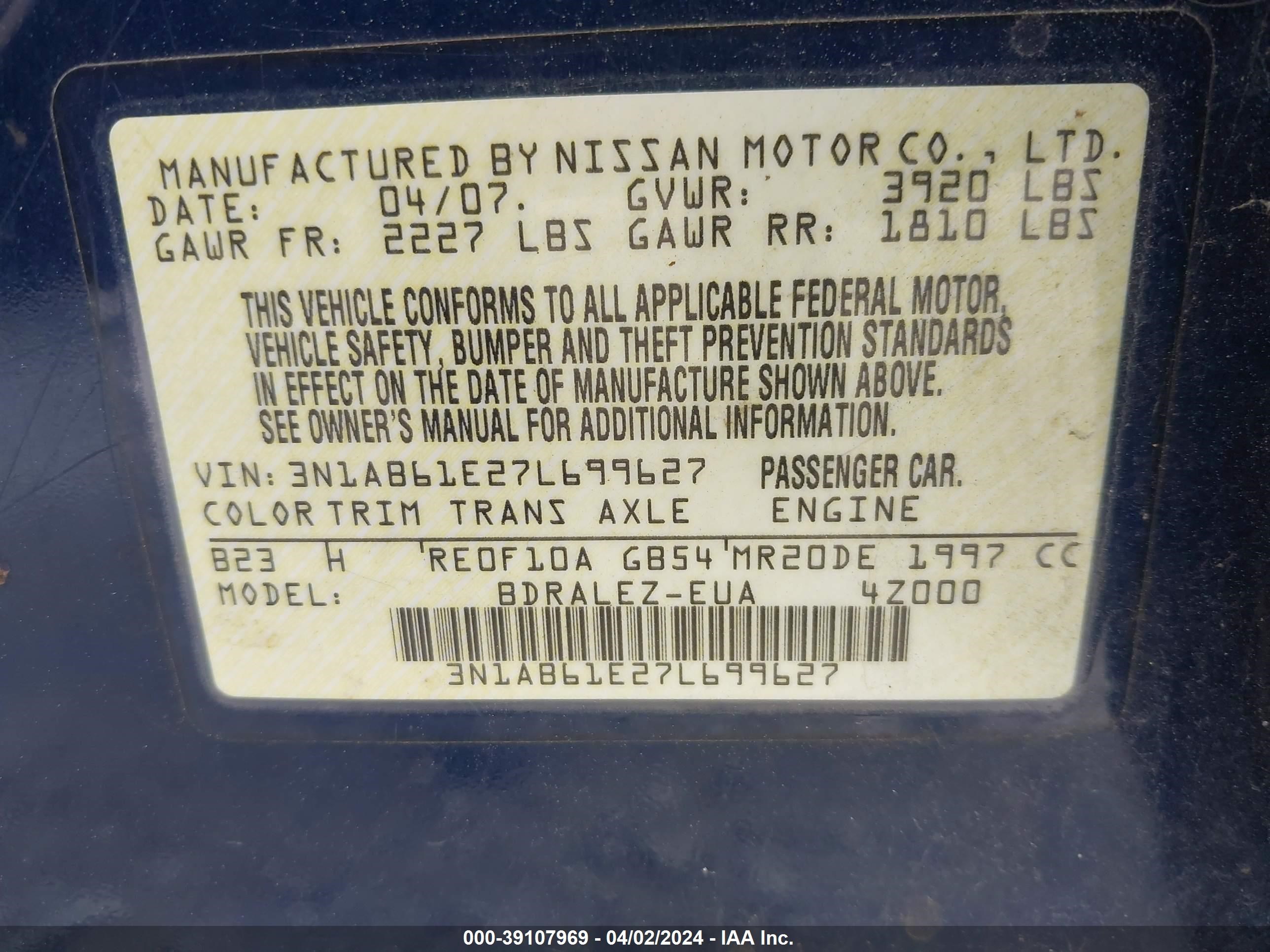 Photo 8 VIN: 3N1AB61E27L699627 - NISSAN SENTRA 