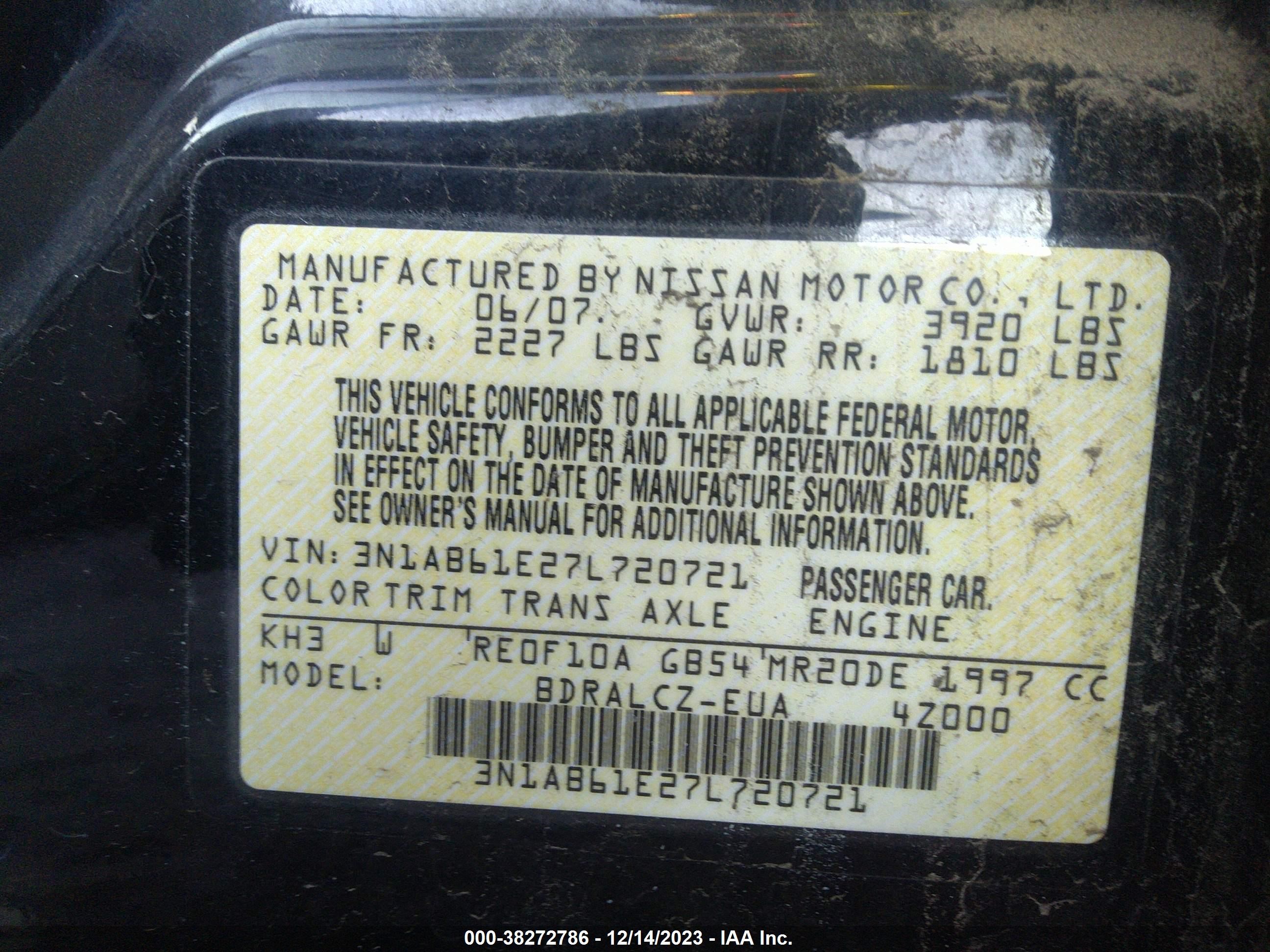 Photo 8 VIN: 3N1AB61E27L720721 - NISSAN SENTRA 