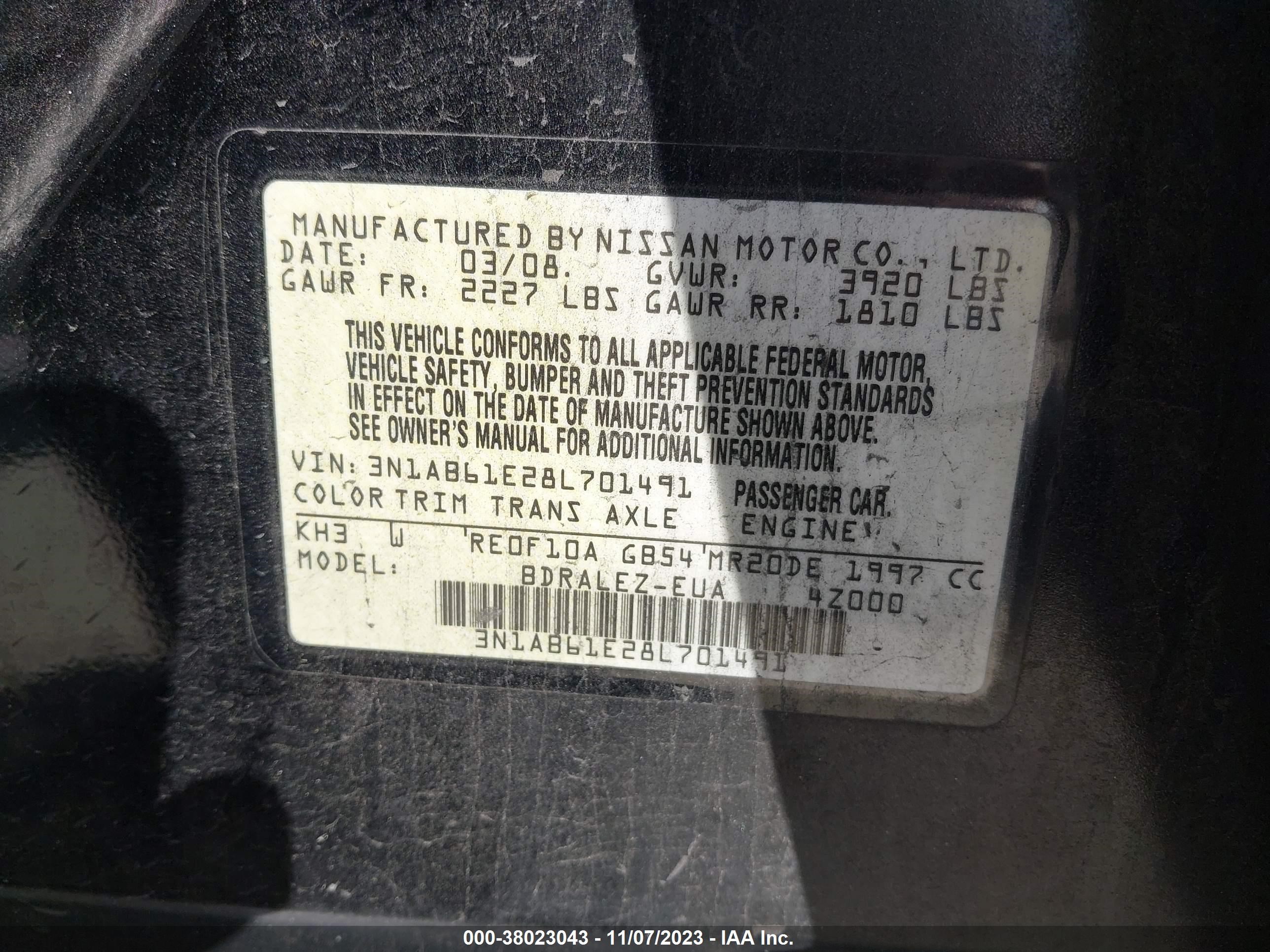 Photo 8 VIN: 3N1AB61E28L701491 - NISSAN SENTRA 