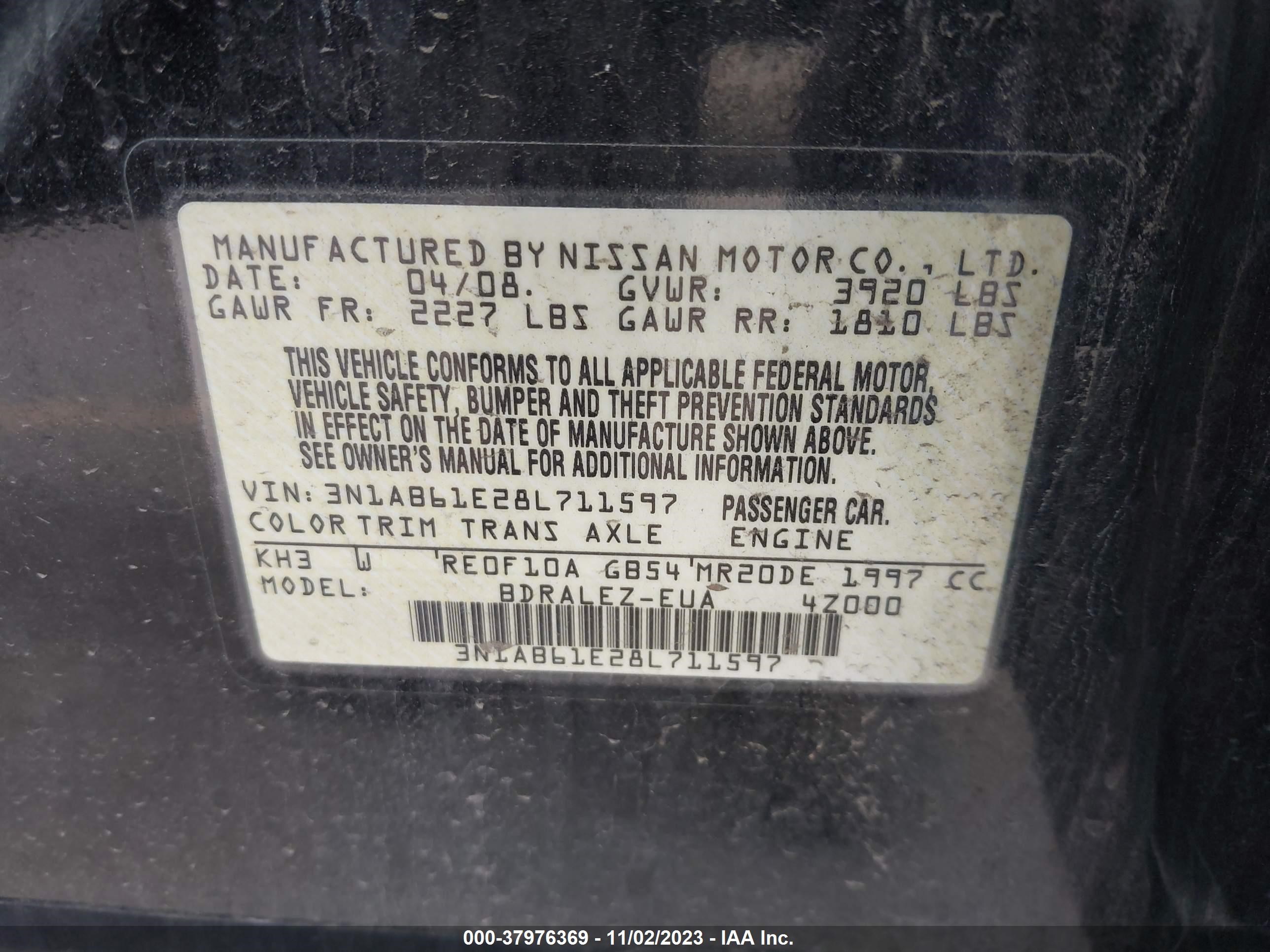 Photo 8 VIN: 3N1AB61E28L711597 - NISSAN SENTRA 