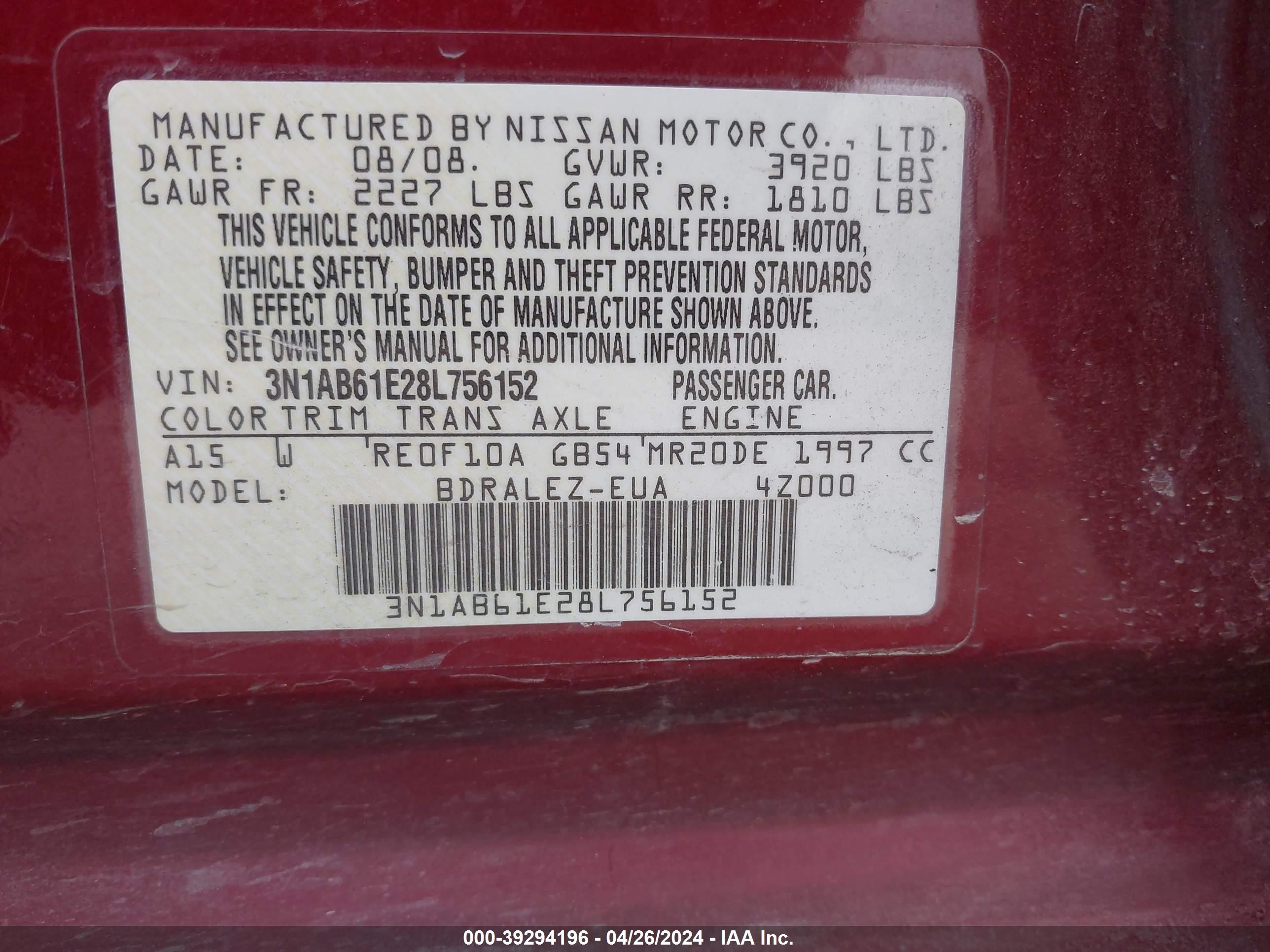 Photo 8 VIN: 3N1AB61E28L756152 - NISSAN SENTRA 