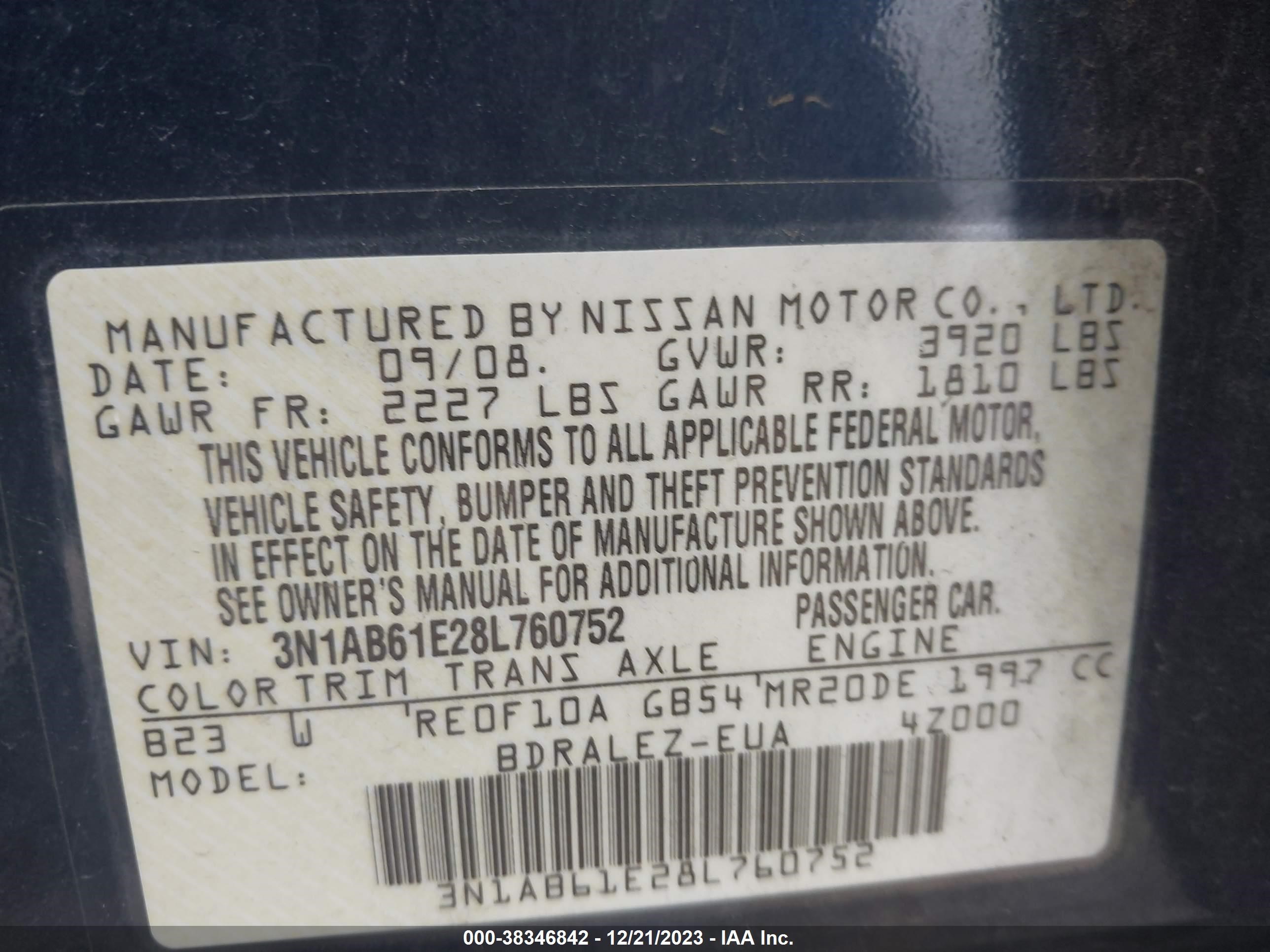 Photo 8 VIN: 3N1AB61E28L760752 - NISSAN SENTRA 