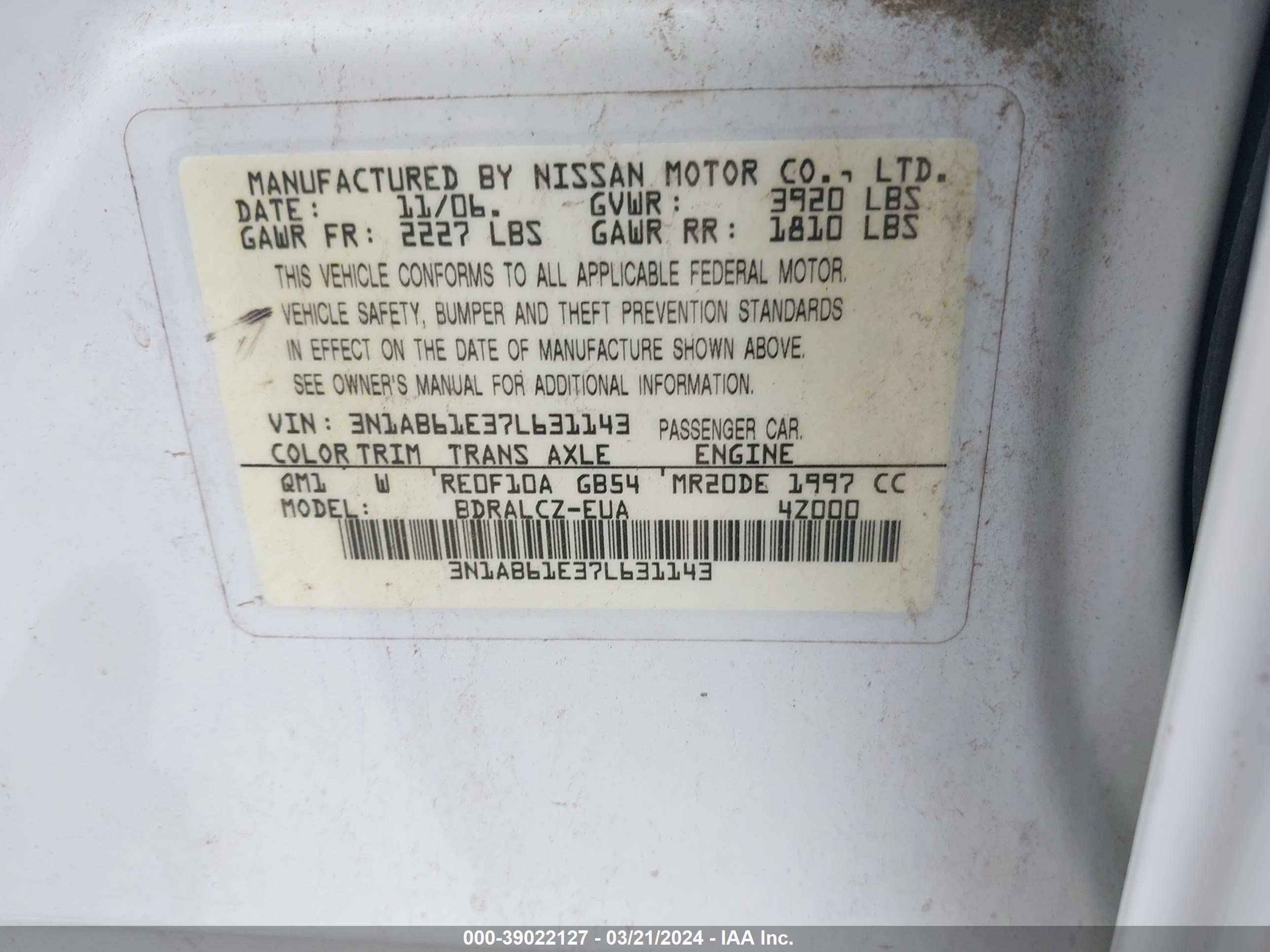 Photo 8 VIN: 3N1AB61E37L631143 - NISSAN SENTRA 