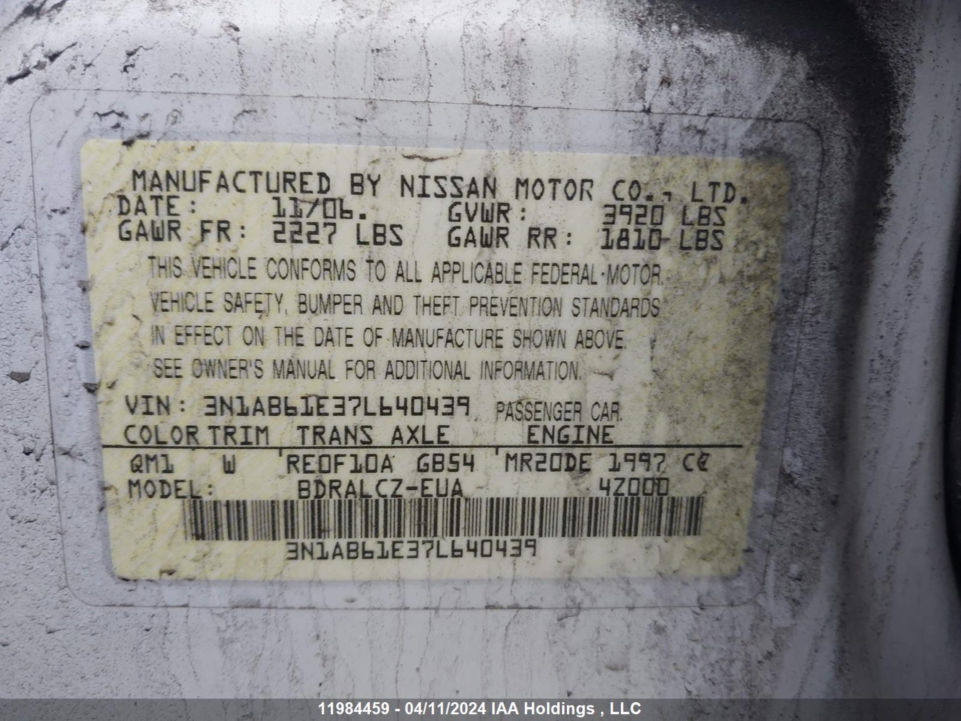 Photo 8 VIN: 3N1AB61E37L640439 - NISSAN SENTRA 