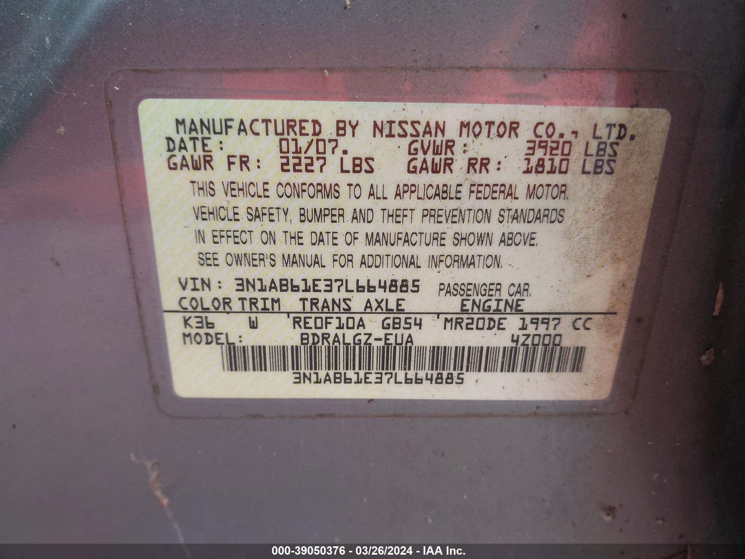 Photo 8 VIN: 3N1AB61E37L664885 - NISSAN SENTRA 