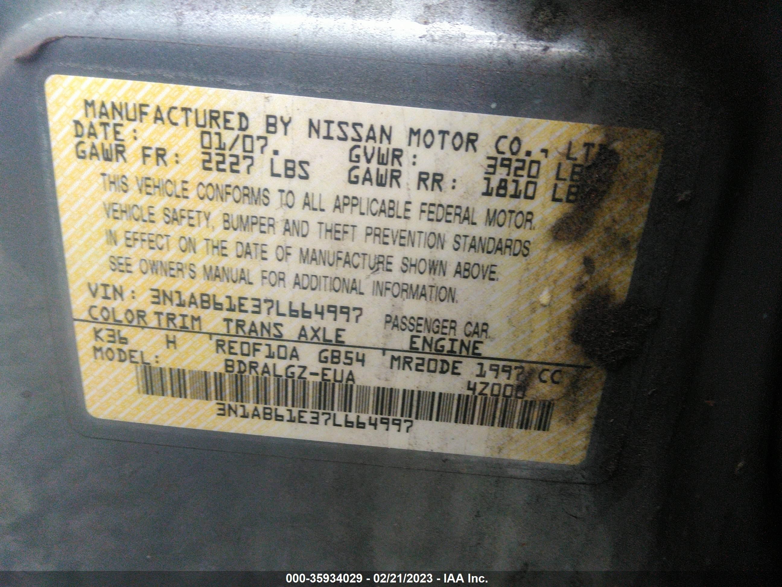 Photo 8 VIN: 3N1AB61E37L664997 - NISSAN SENTRA 