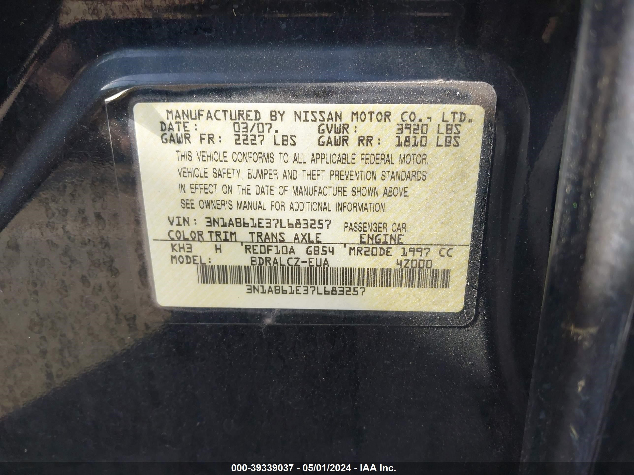 Photo 8 VIN: 3N1AB61E37L683257 - NISSAN SENTRA 