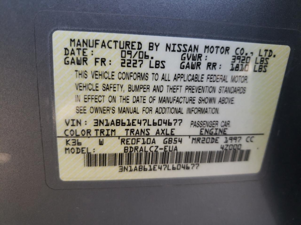 Photo 11 VIN: 3N1AB61E47L604677 - NISSAN SENTRA 