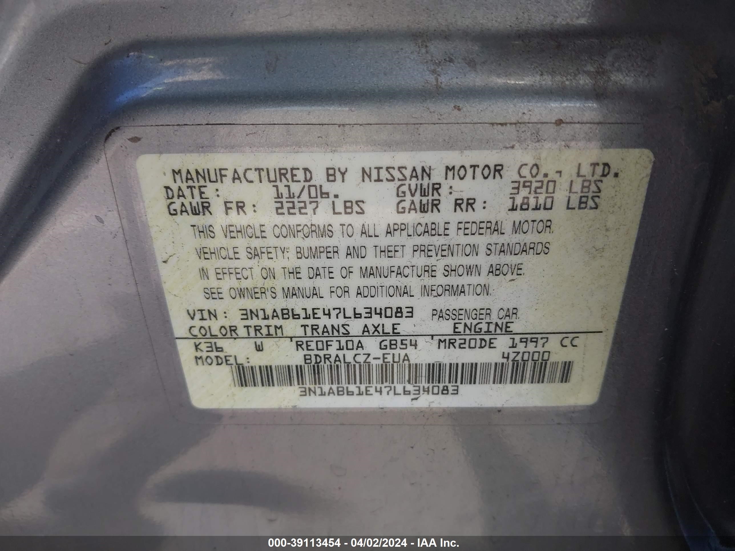 Photo 8 VIN: 3N1AB61E47L634083 - NISSAN SENTRA 