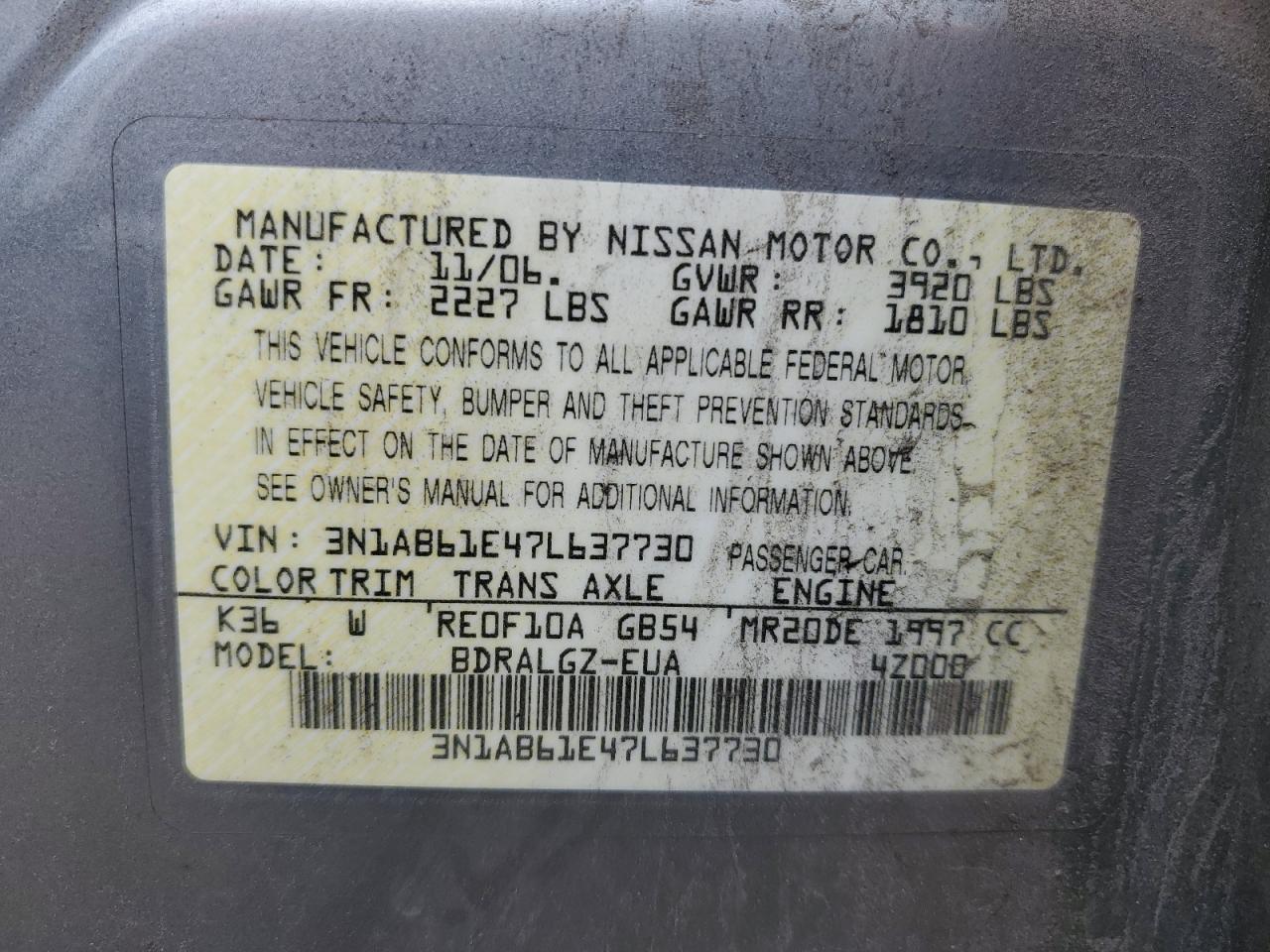 Photo 11 VIN: 3N1AB61E47L637730 - NISSAN SENTRA 