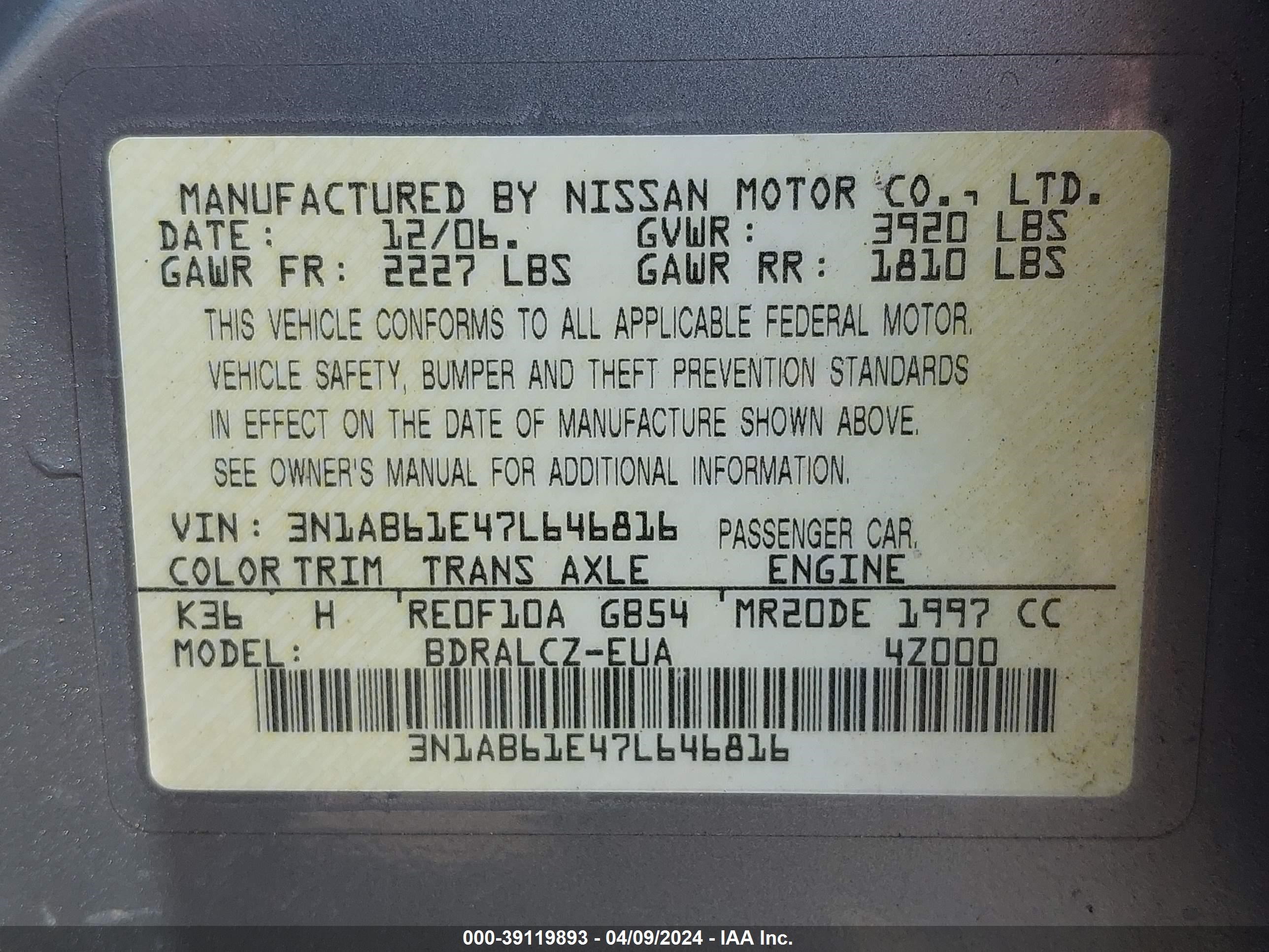 Photo 8 VIN: 3N1AB61E47L646816 - NISSAN SENTRA 