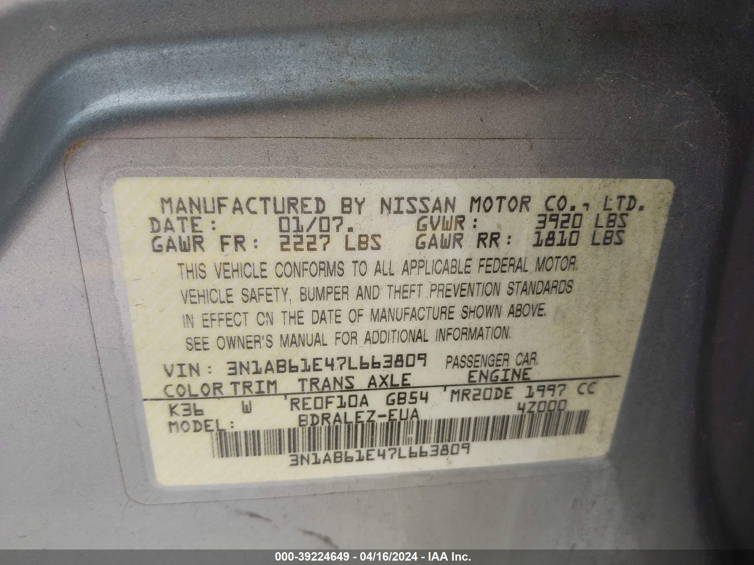 Photo 8 VIN: 3N1AB61E47L663809 - NISSAN SENTRA 