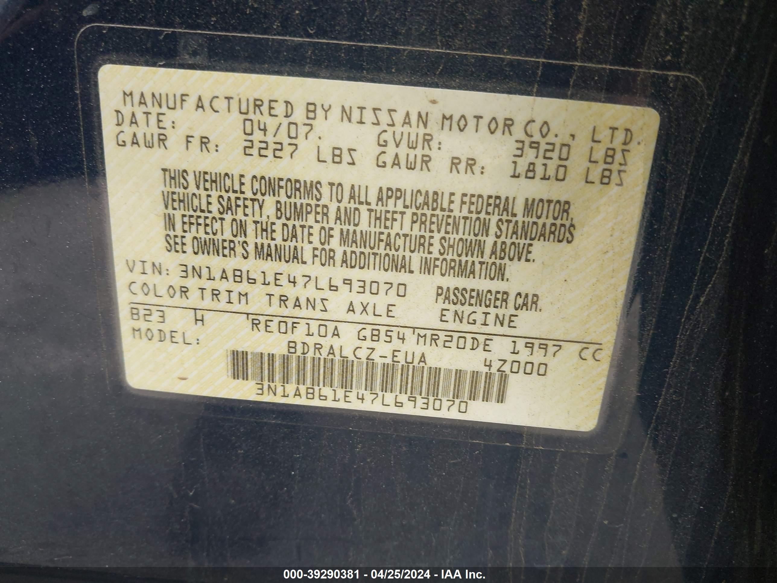 Photo 8 VIN: 3N1AB61E47L693070 - NISSAN SENTRA 