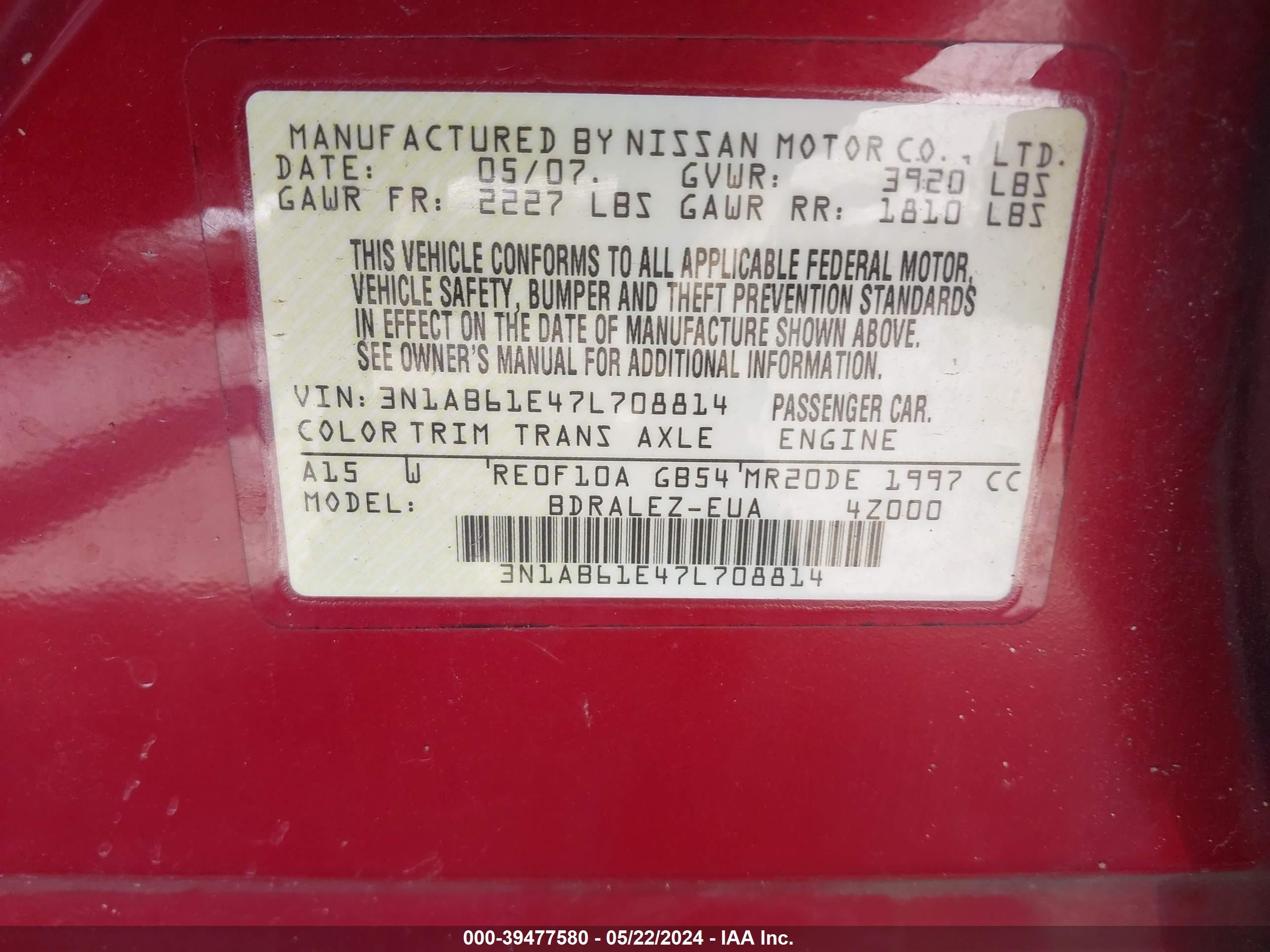 Photo 8 VIN: 3N1AB61E47L708814 - NISSAN SENTRA 