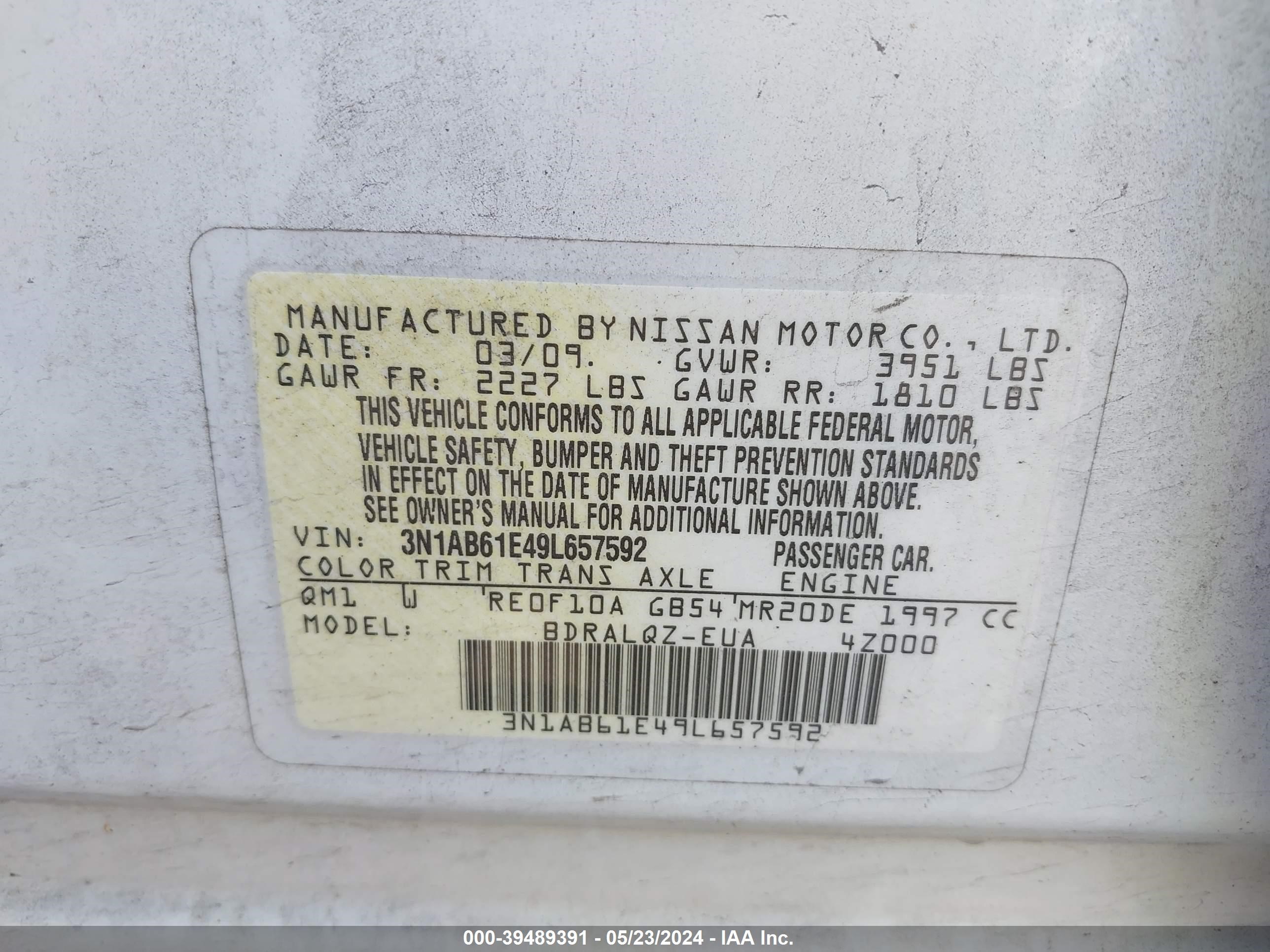 Photo 8 VIN: 3N1AB61E49L657592 - NISSAN SENTRA 