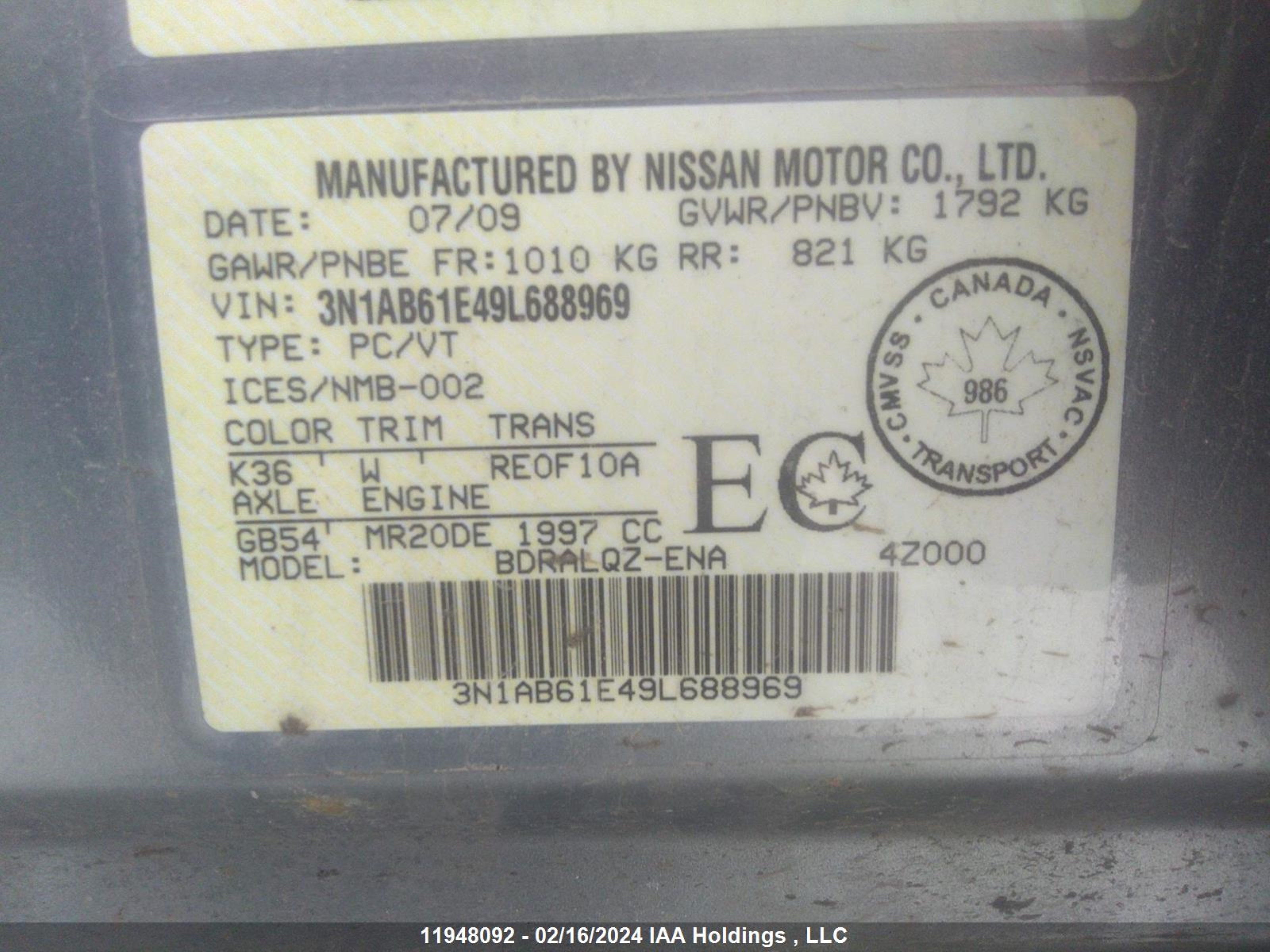 Photo 8 VIN: 3N1AB61E49L688969 - NISSAN SENTRA 