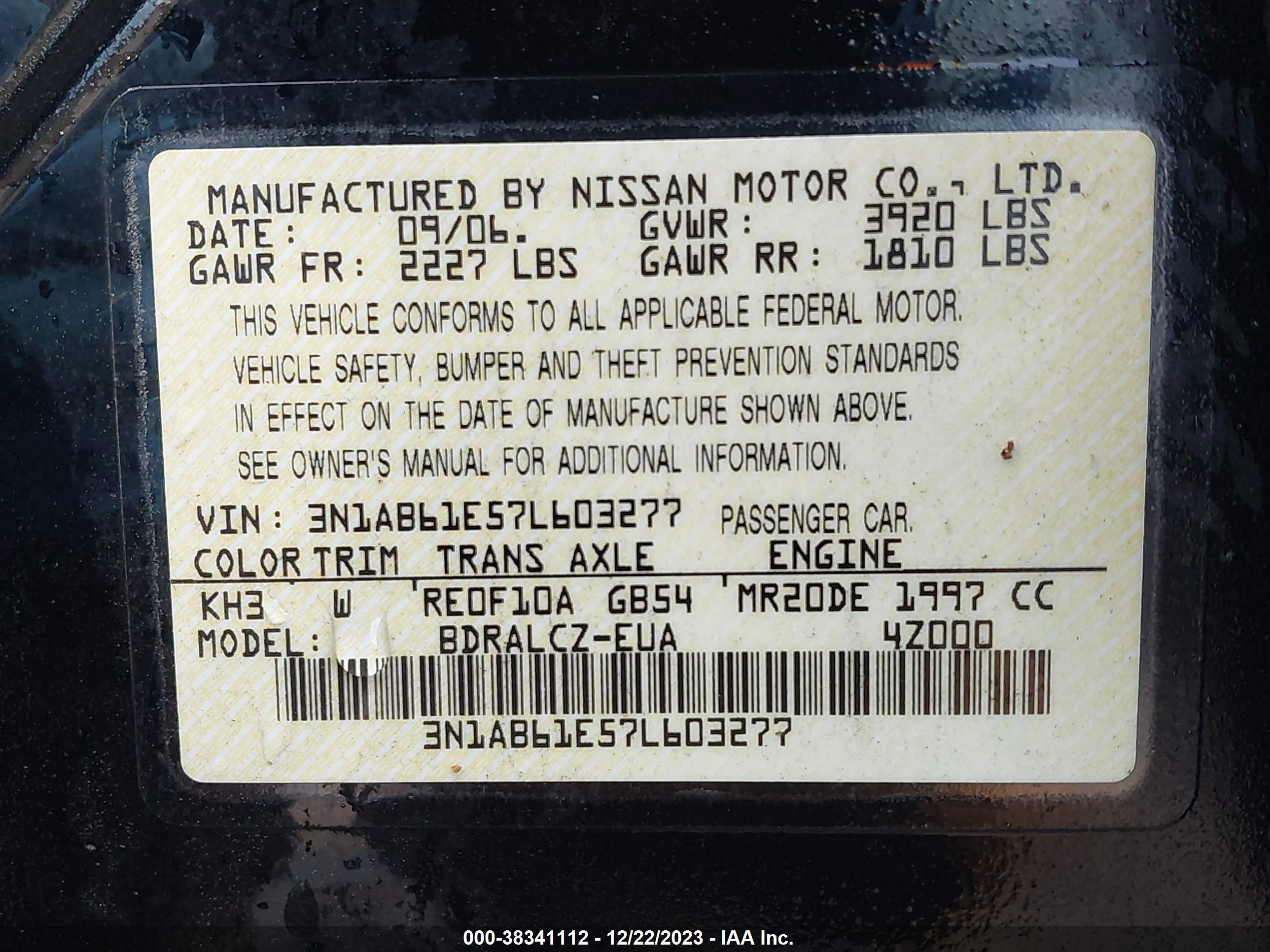 Photo 8 VIN: 3N1AB61E57L603277 - NISSAN SENTRA 