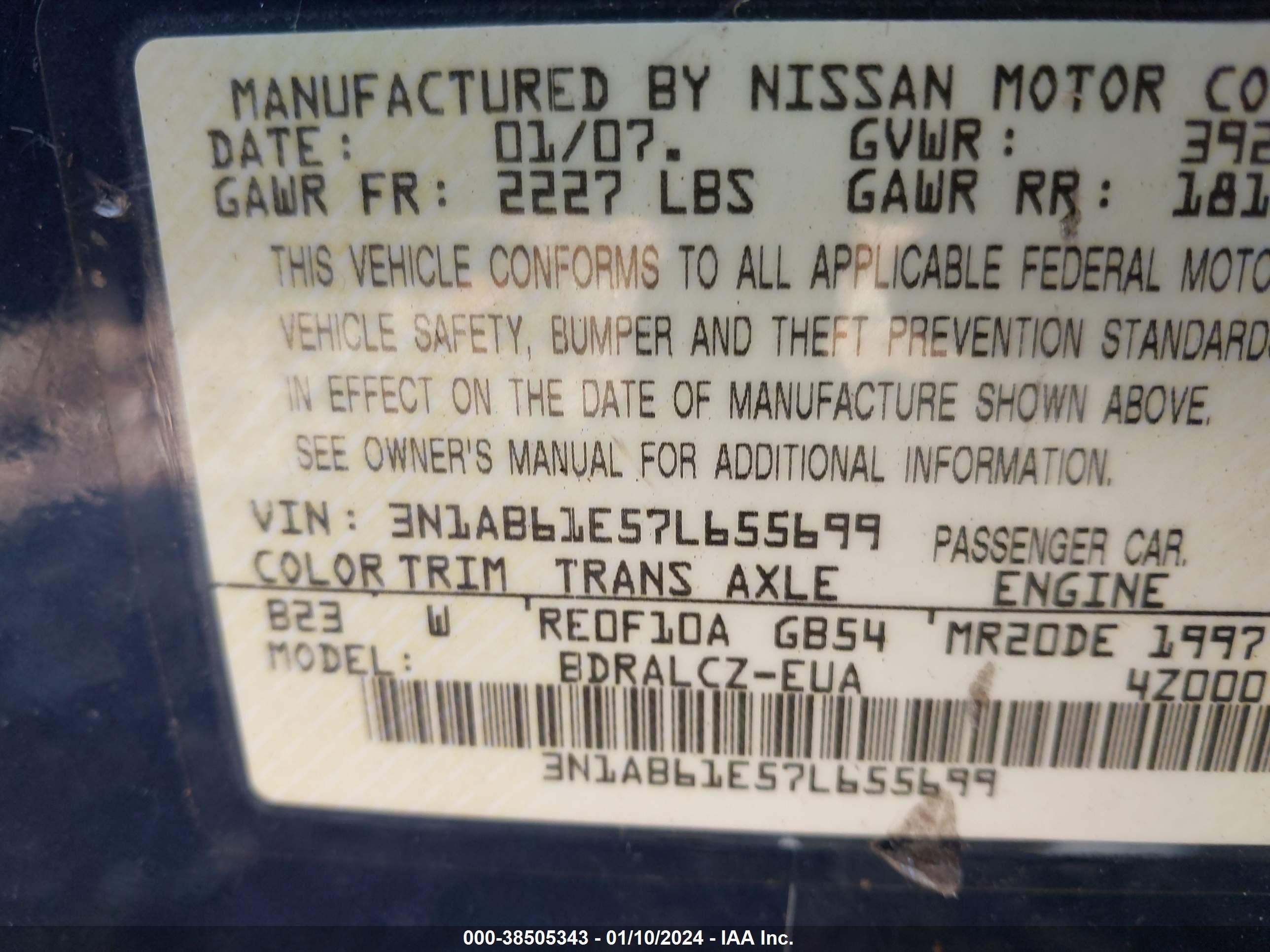 Photo 8 VIN: 3N1AB61E57L655699 - NISSAN SENTRA 