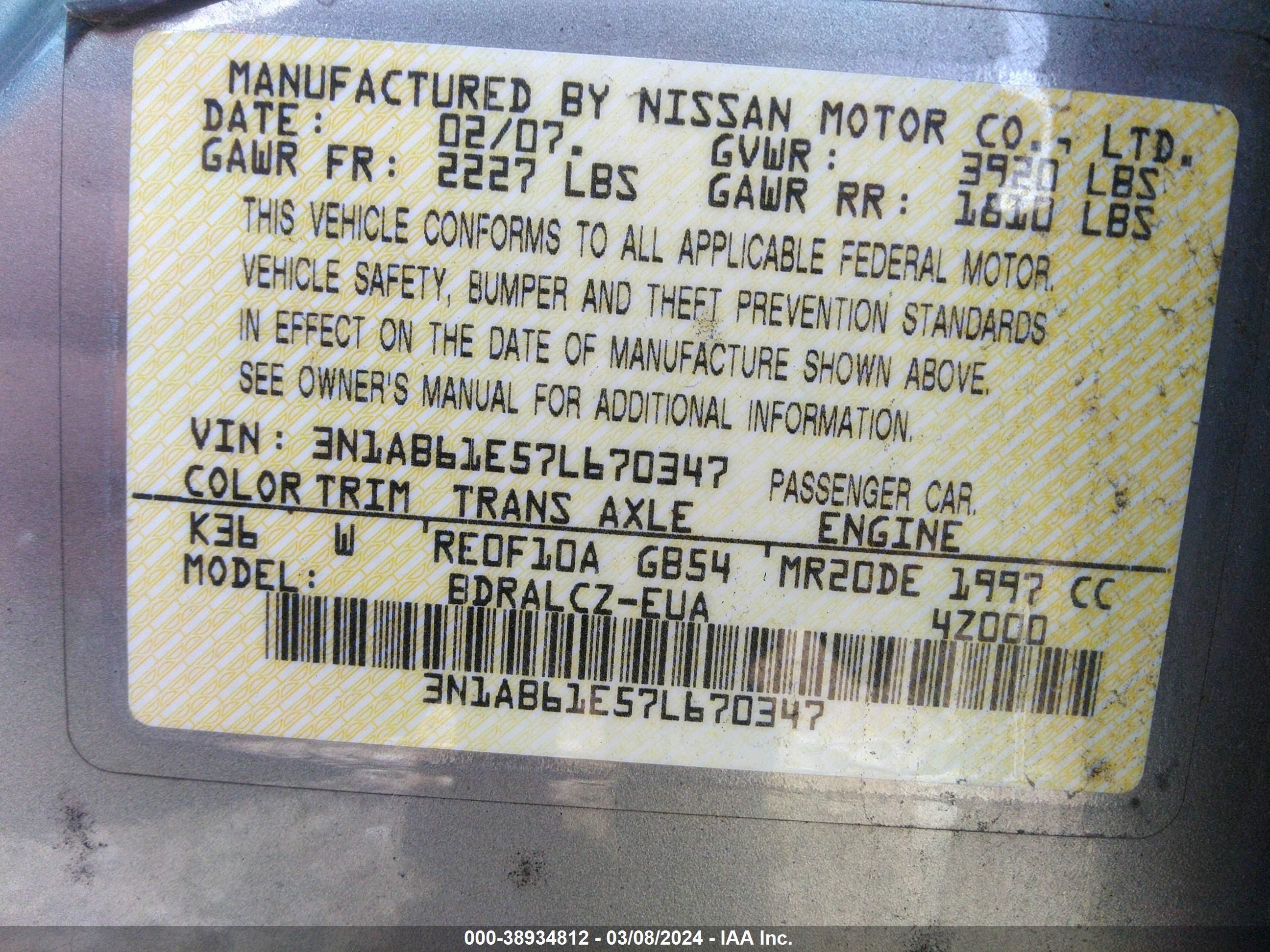 Photo 8 VIN: 3N1AB61E57L670347 - NISSAN SENTRA 