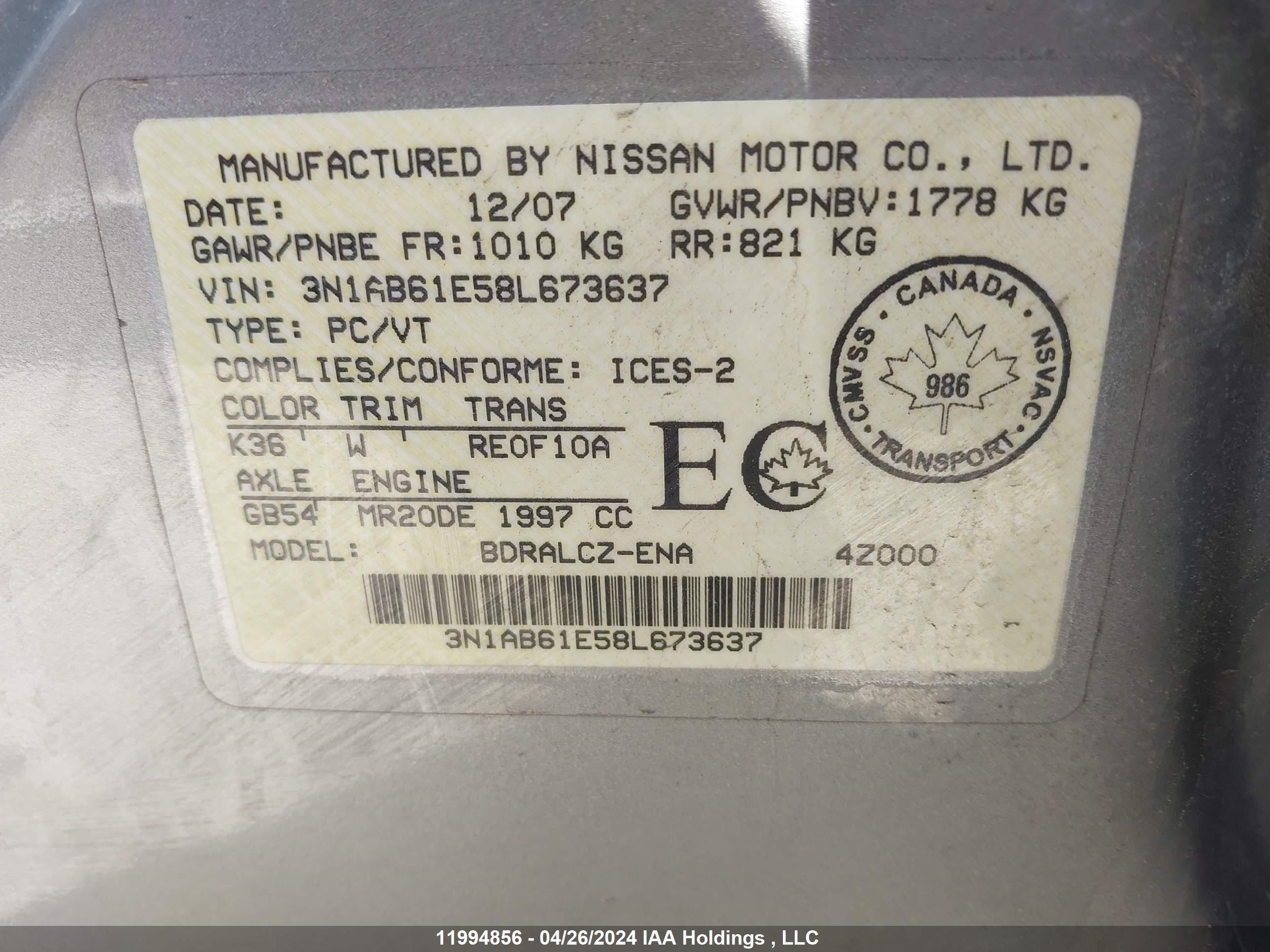 Photo 8 VIN: 3N1AB61E58L673637 - NISSAN SENTRA 