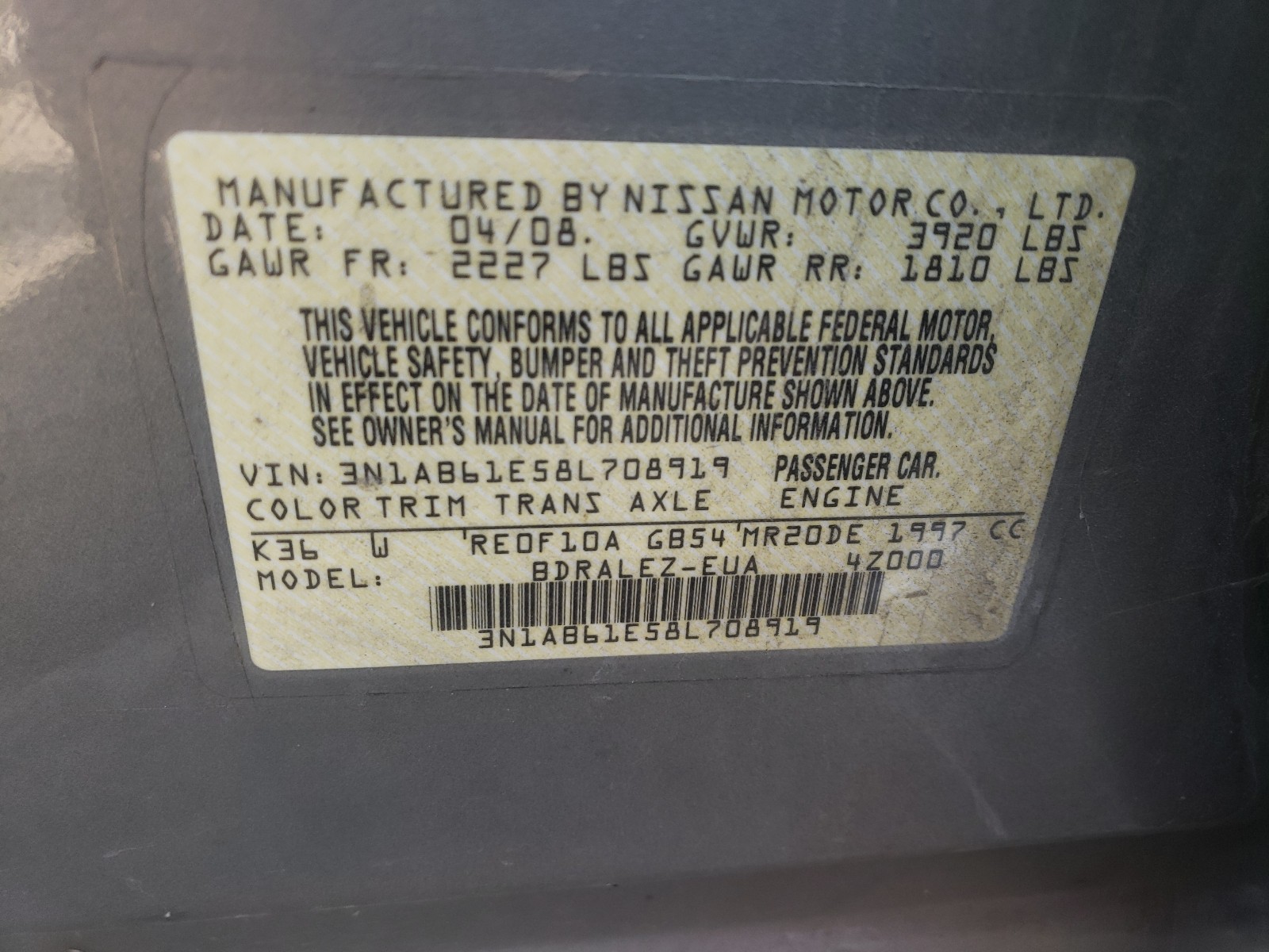 Photo 9 VIN: 3N1AB61E58L708919 - NISSAN SENTRA 2.0 