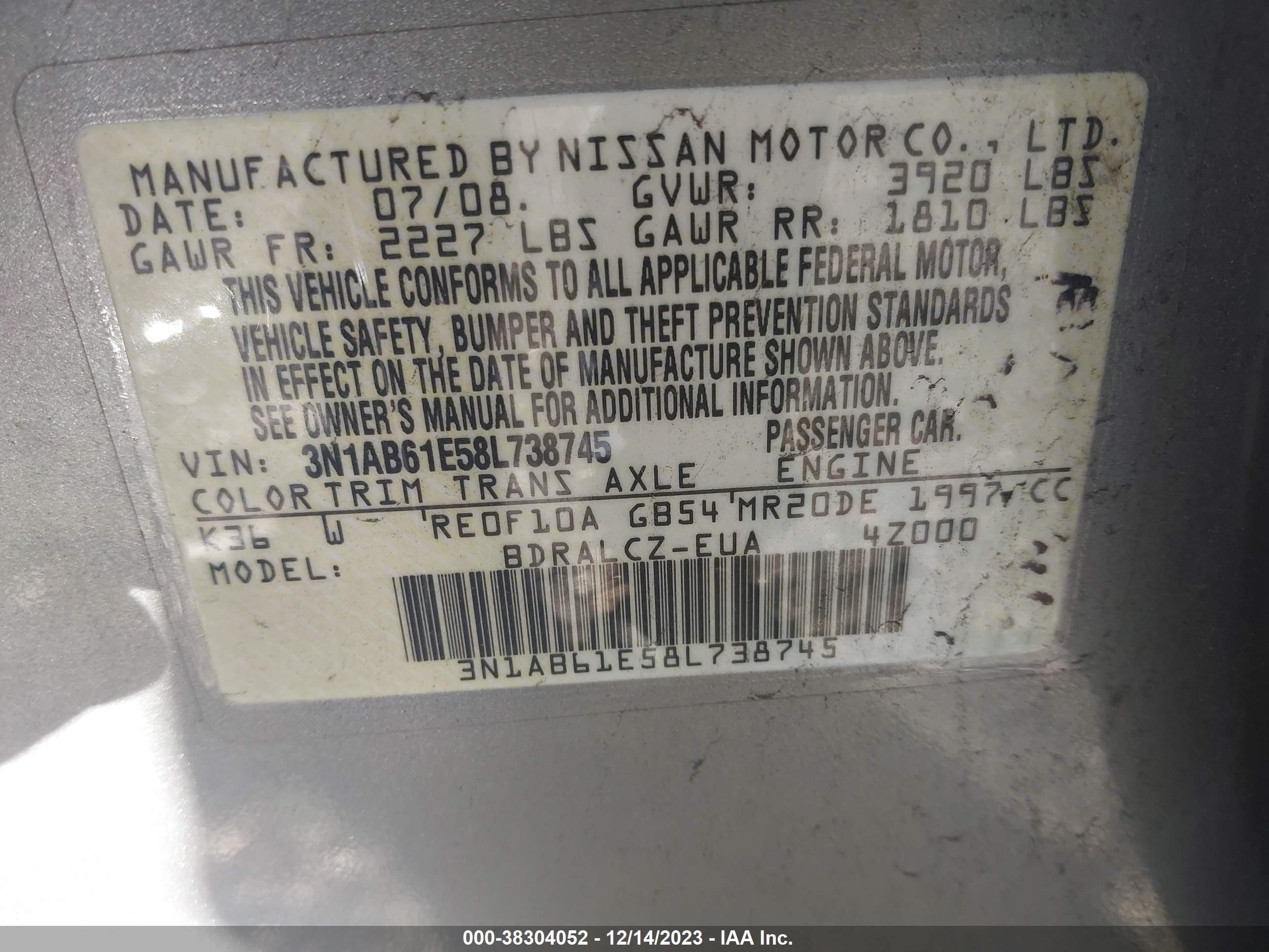 Photo 8 VIN: 3N1AB61E58L738745 - NISSAN SENTRA 