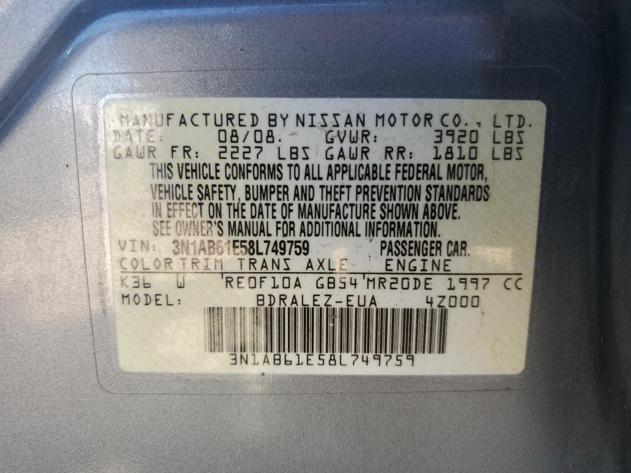 Photo 11 VIN: 3N1AB61E58L749759 - NISSAN SENTRA 