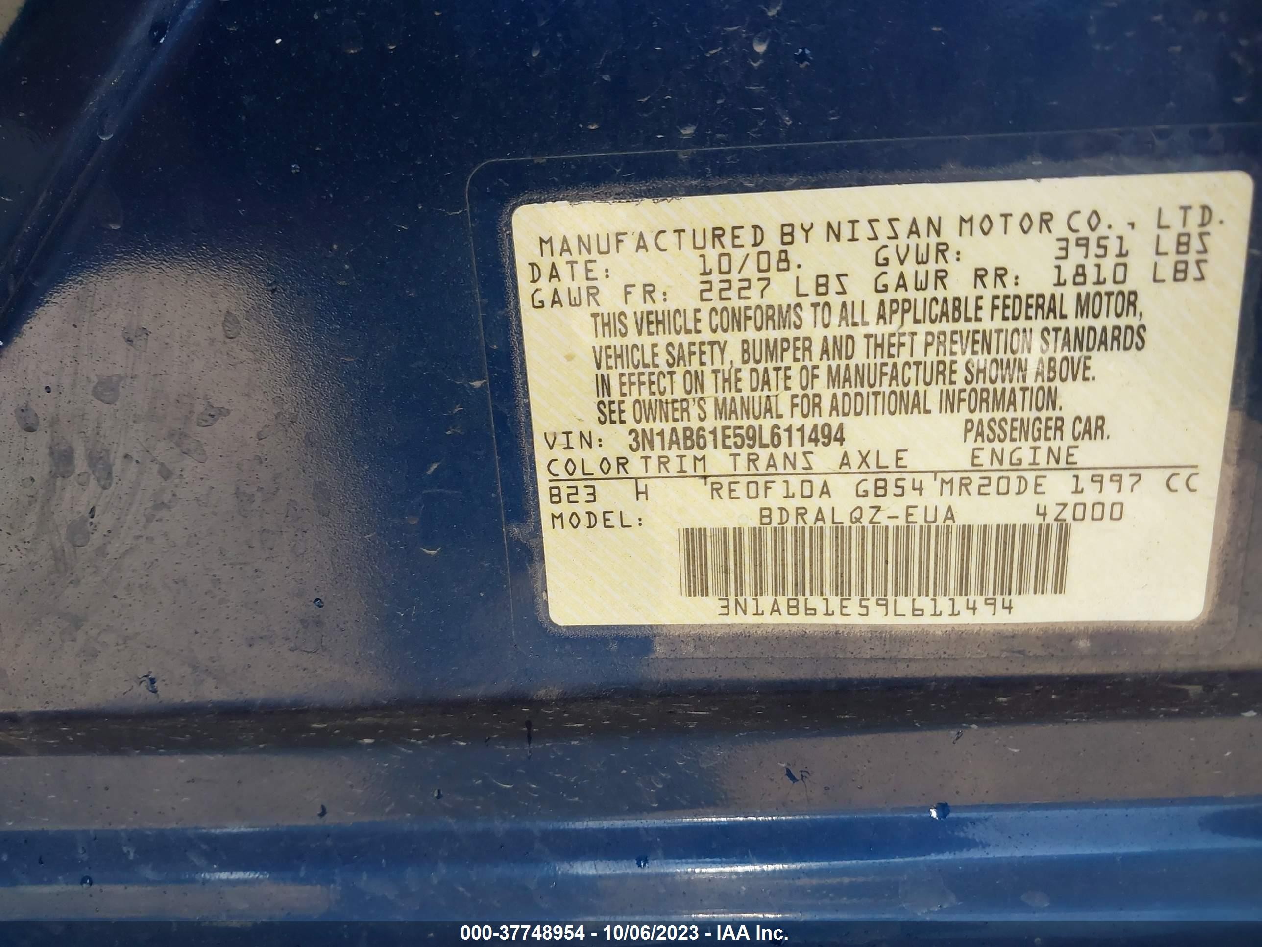 Photo 8 VIN: 3N1AB61E59L611494 - NISSAN SENTRA 