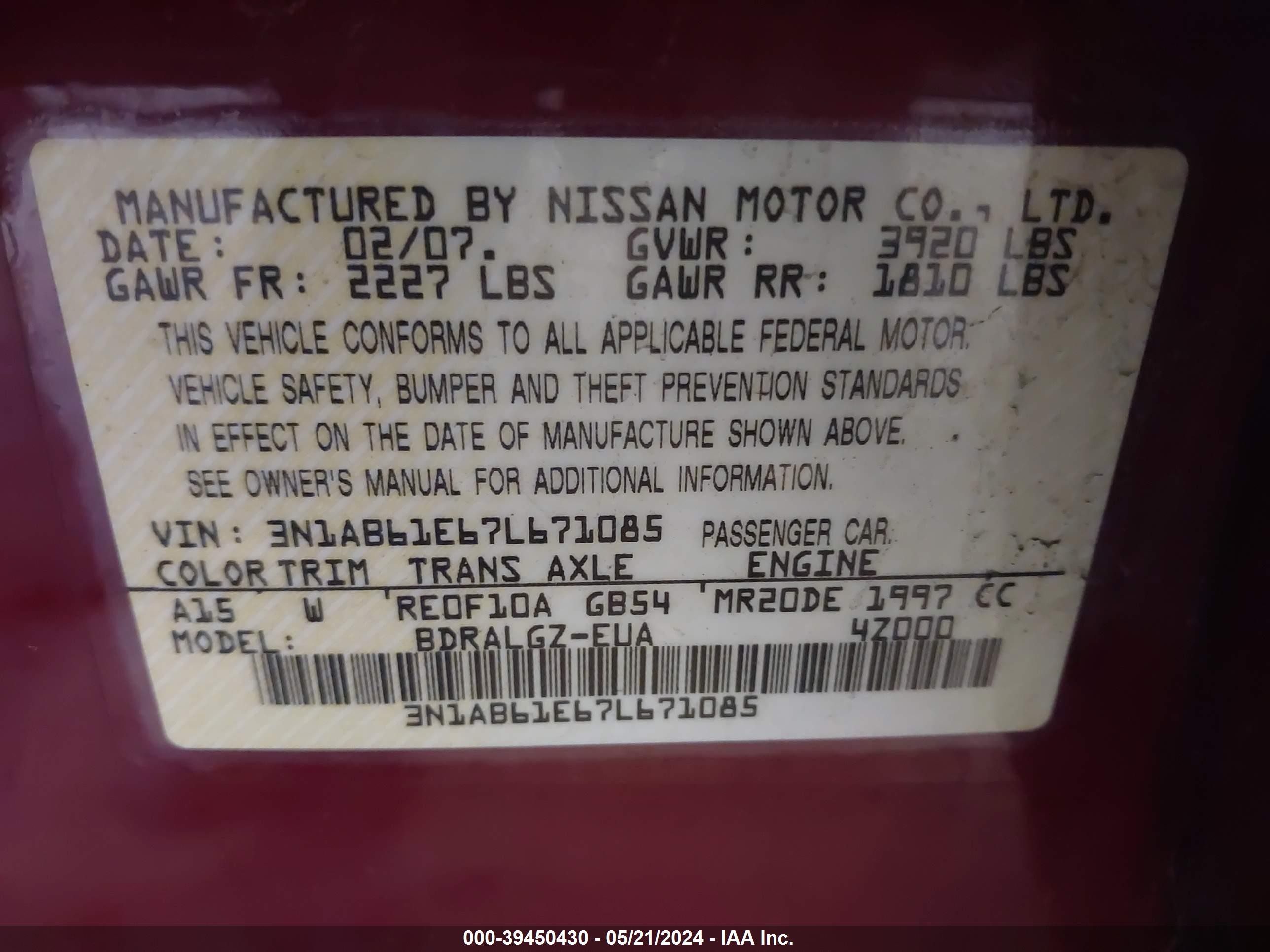 Photo 8 VIN: 3N1AB61E67L671085 - NISSAN SENTRA 