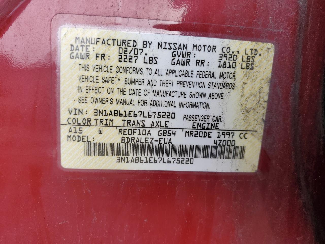 Photo 12 VIN: 3N1AB61E67L675220 - NISSAN SENTRA 