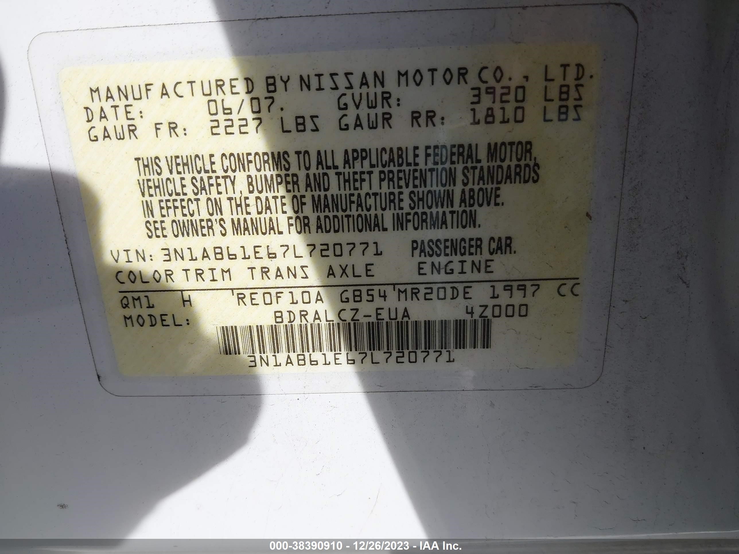 Photo 8 VIN: 3N1AB61E67L720771 - NISSAN SENTRA 