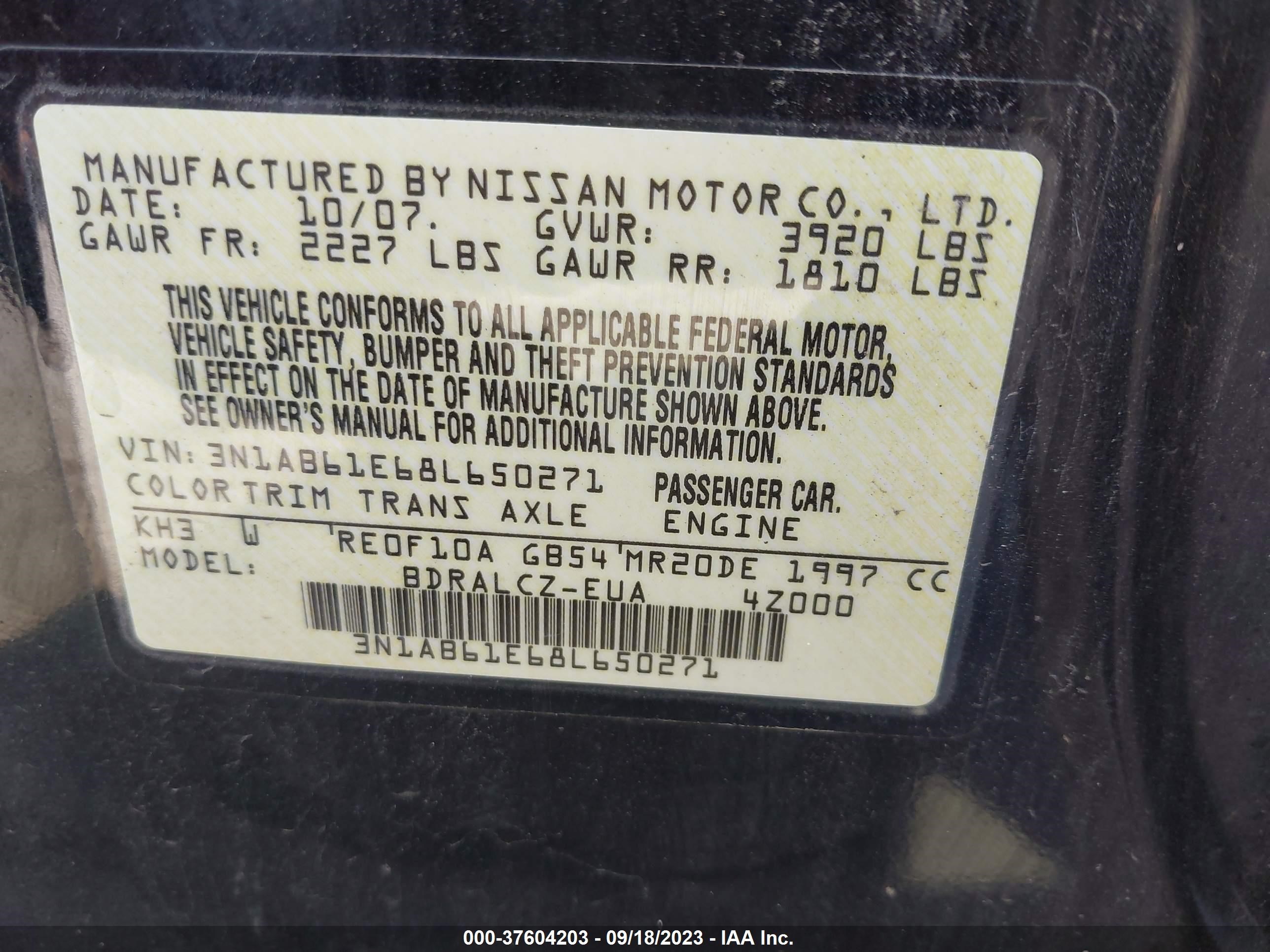 Photo 8 VIN: 3N1AB61E68L650271 - NISSAN SENTRA 