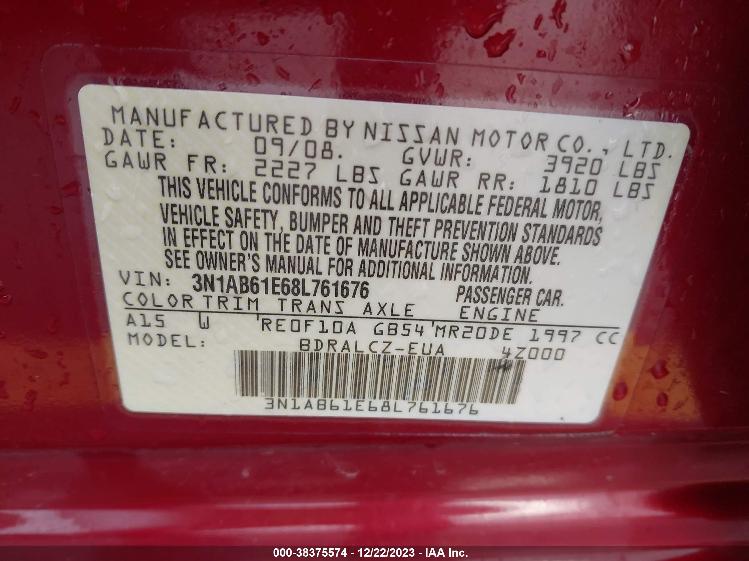 Photo 8 VIN: 3N1AB61E68L761676 - NISSAN SENTRA 