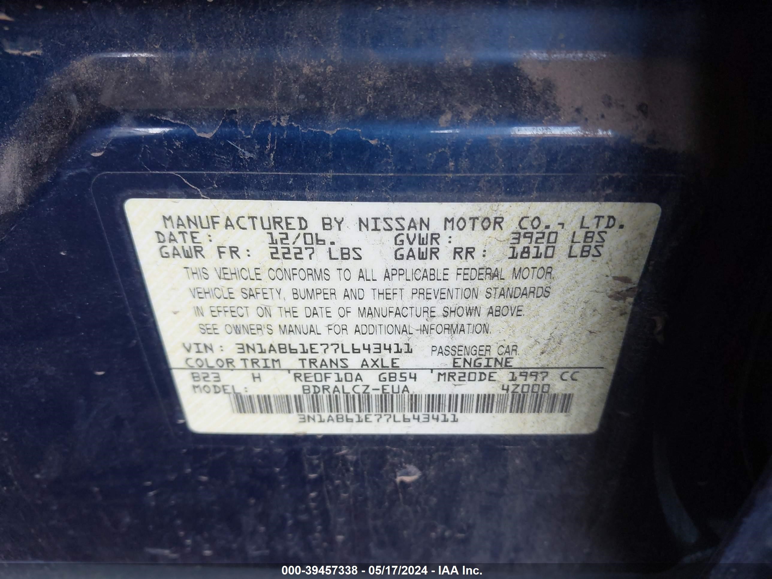 Photo 8 VIN: 3N1AB61E77L643411 - NISSAN SENTRA 