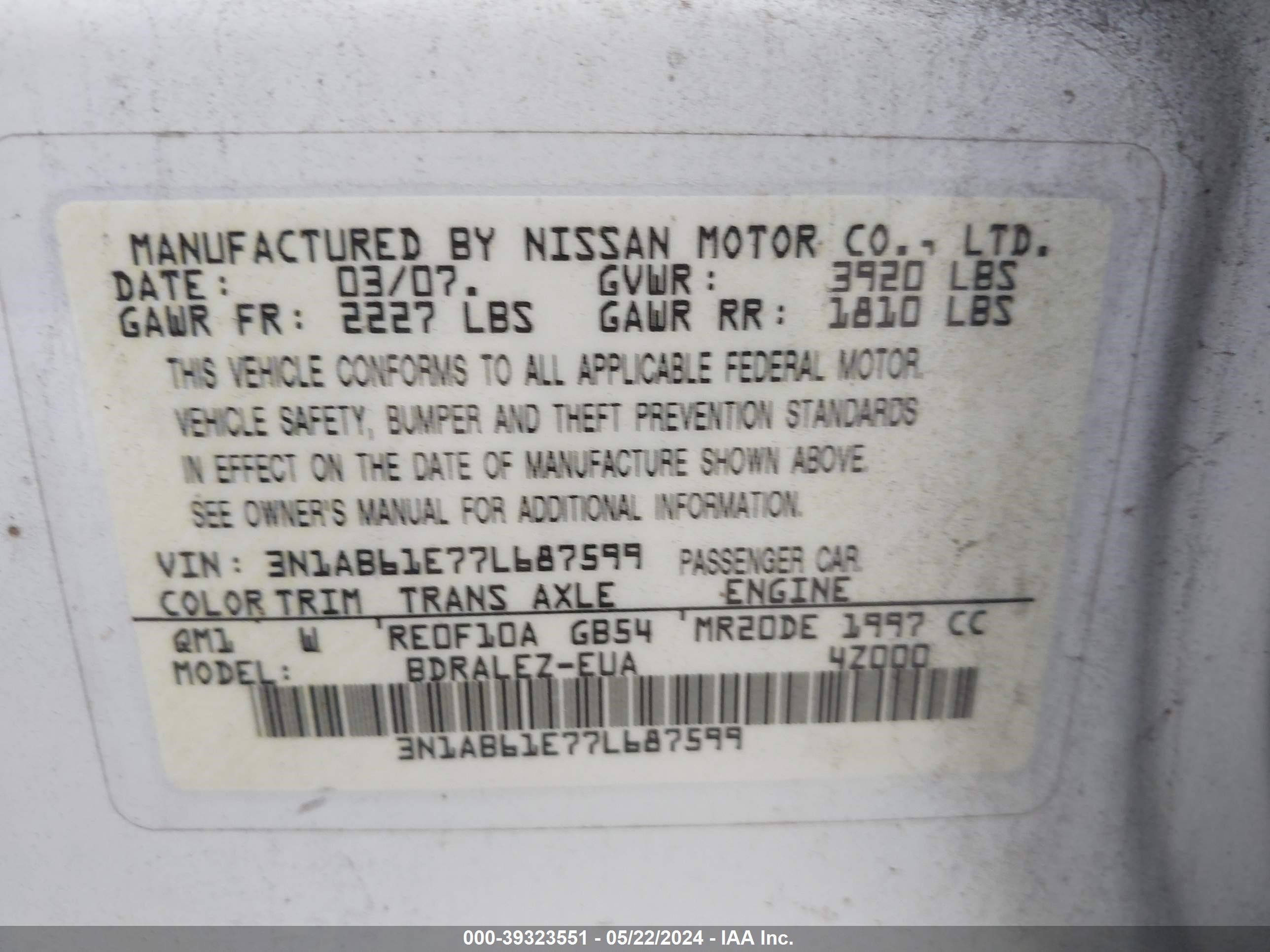 Photo 8 VIN: 3N1AB61E77L687599 - NISSAN SENTRA 