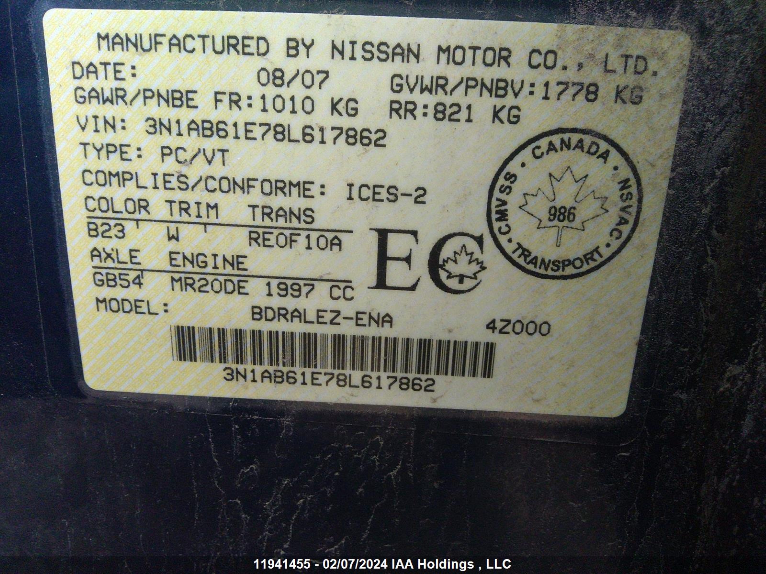 Photo 8 VIN: 3N1AB61E78L617862 - NISSAN SENTRA 